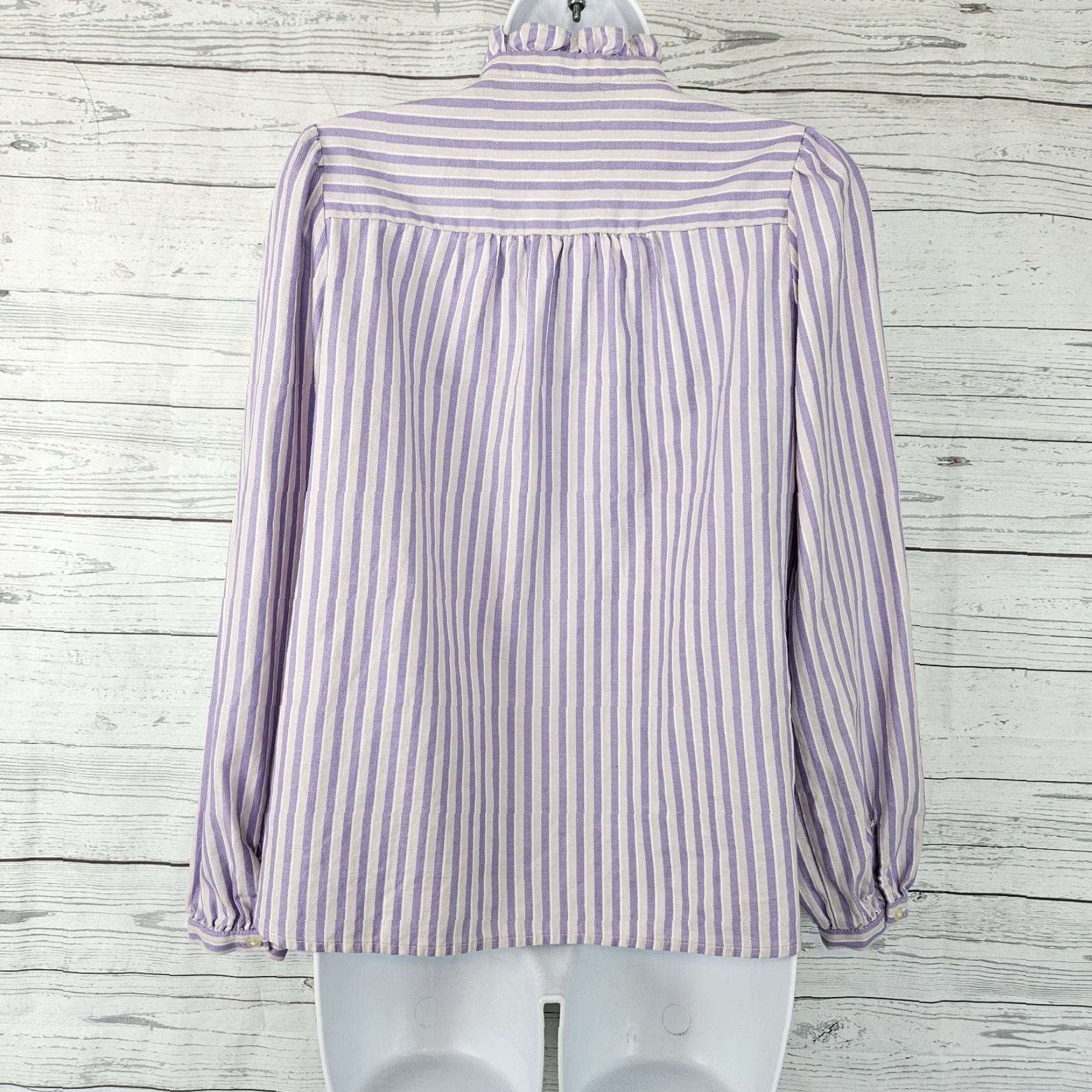 Loft Ann Taylor LOFT Womens Button Up Top XS Purple Stripe Ruffles Cotton Size XS / US 0-2 / IT 36-38 - 3 Thumbnail