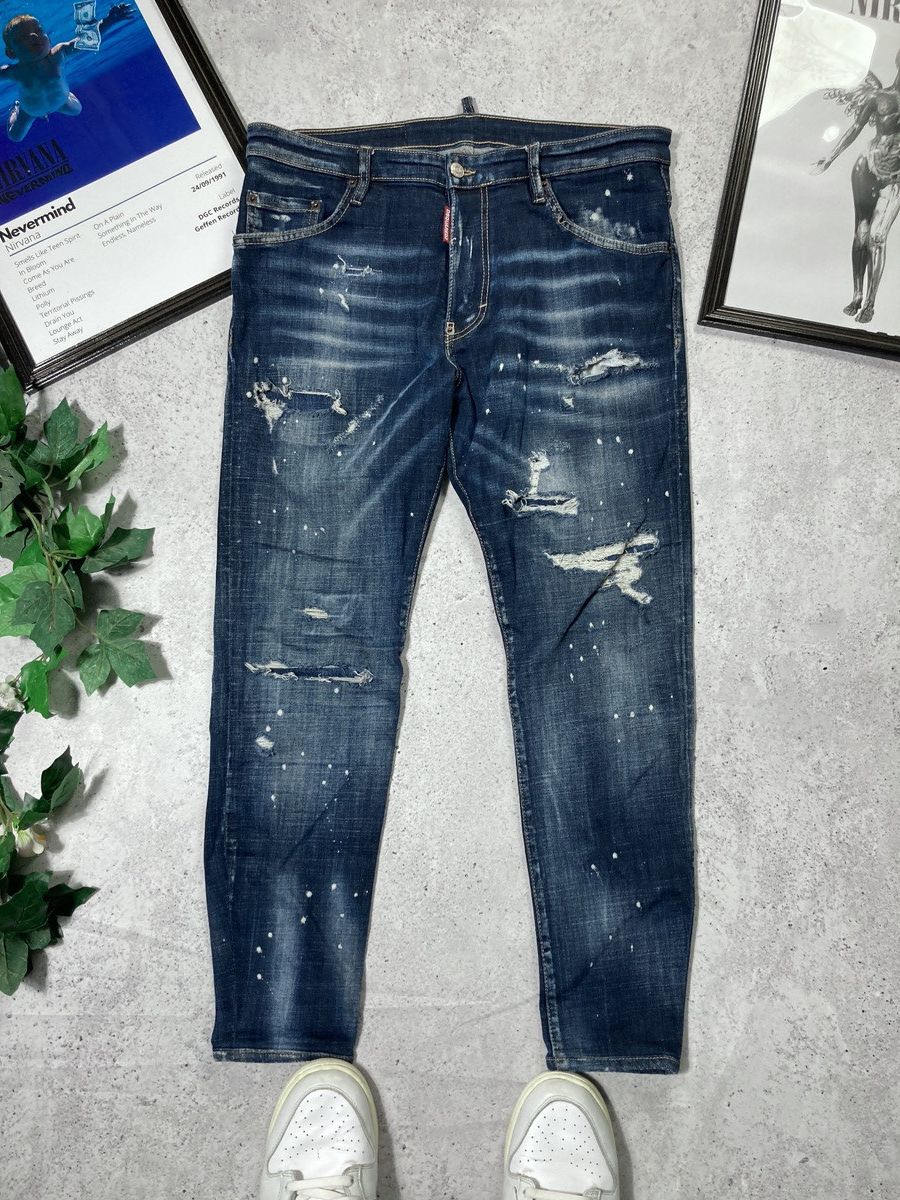 Pre-owned Dsquared2 Distressed Painted Denim Jeans In Blue