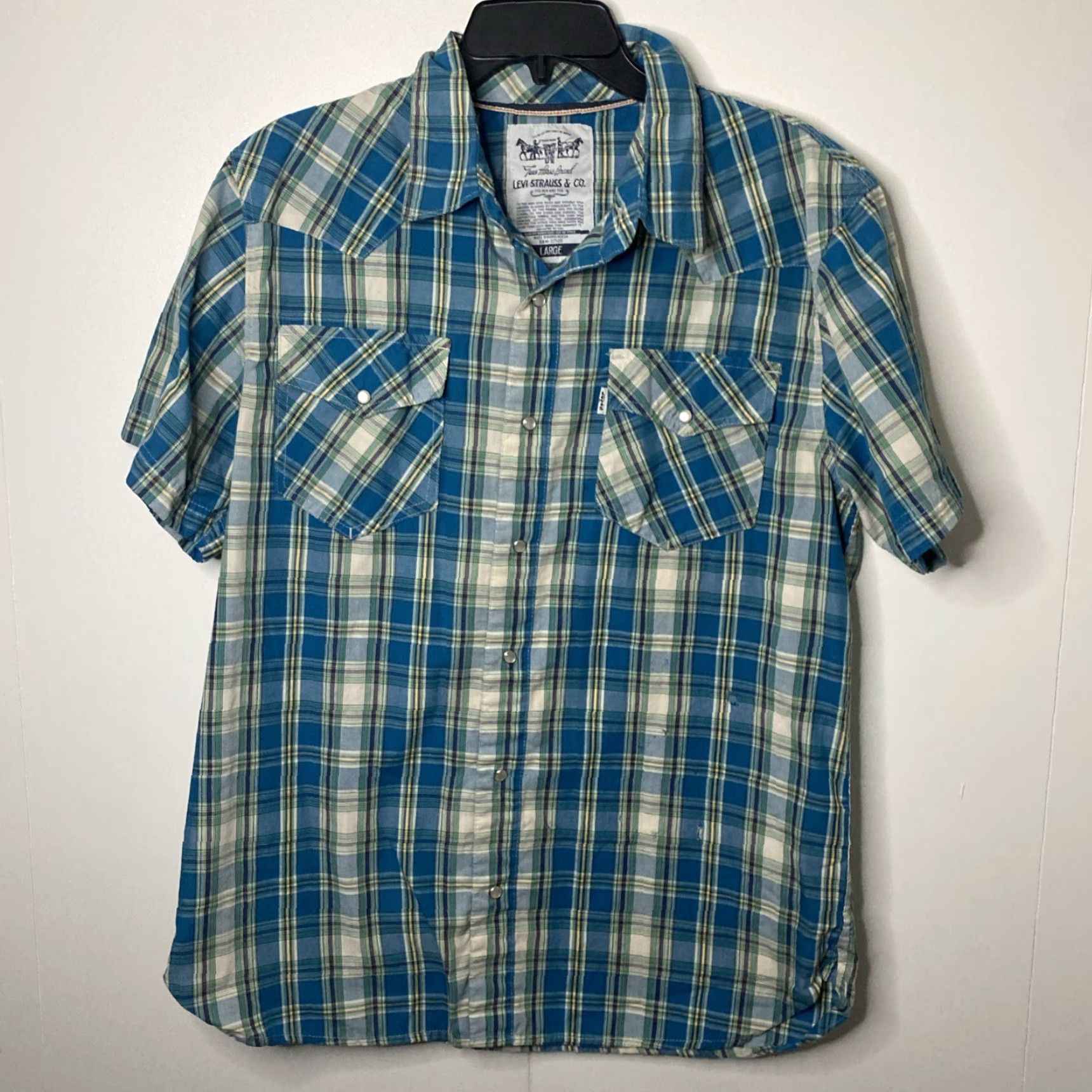 Levi's VINTAGE Levi's Button-Up Blue L Grunge Short Sleeve Pearl Snap Distress White Tab Men's Shirt Size US 33 - 5 Thumbnail
