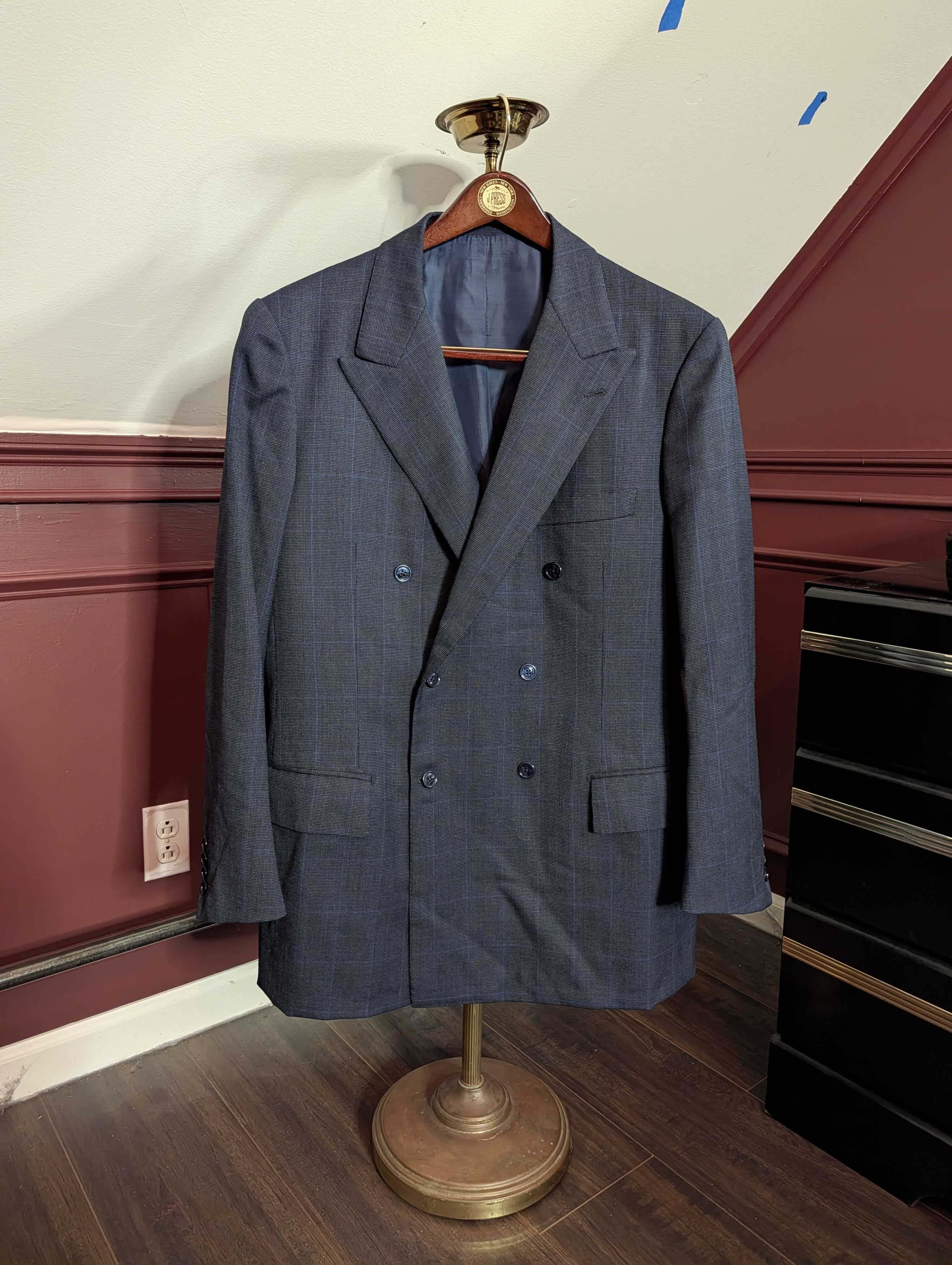 Bespoken NAURA Paris bespoke navy check double breasted jacket Size 44R - 1 Thumbnail