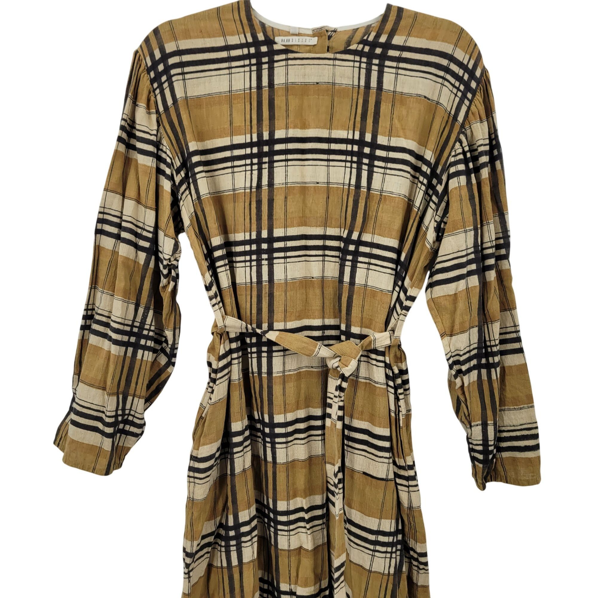 Designer Eleven Eleven Checkered Plaid Mustard Belted Midi Dress Sz M Size M / US 6-8 / IT 42-44 - 8 Thumbnail