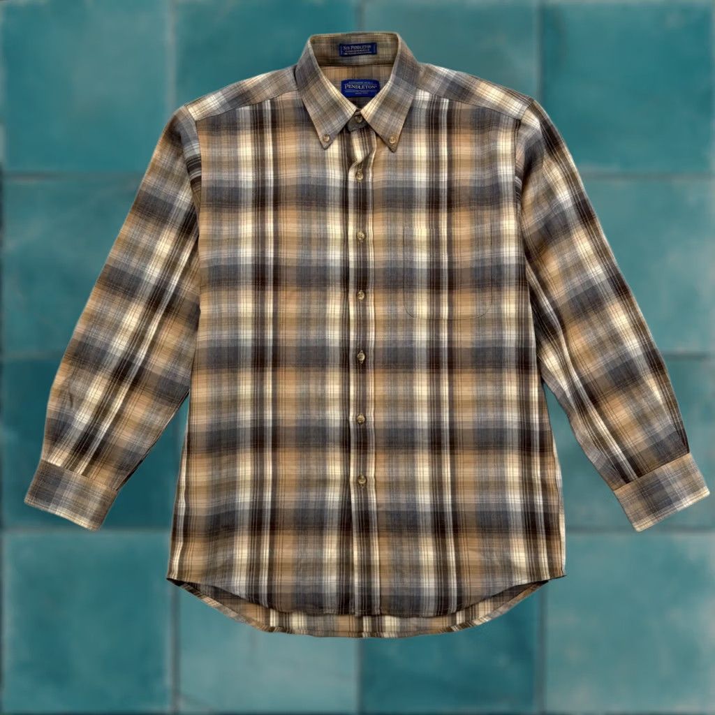 Pendleton Sir Pendleton Mens Plaid Worsted Wool Button-Down Shirt Tan Brown Grey M Size US M / EU 48-50 / 2 - 1 Thumbnail
