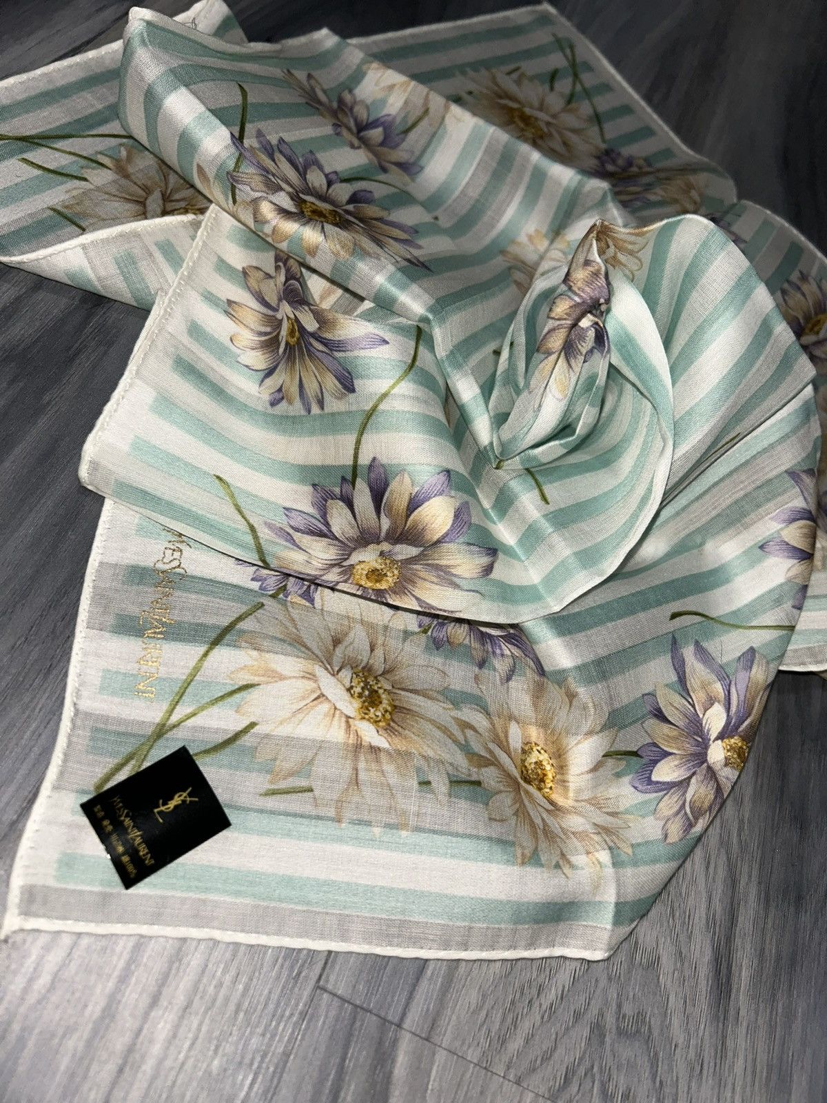Yves Saint Laurent YSL Vintage Mint & White Striped Floral Cotton Handkerchief Size ONE SIZE - 9 Thumbnail