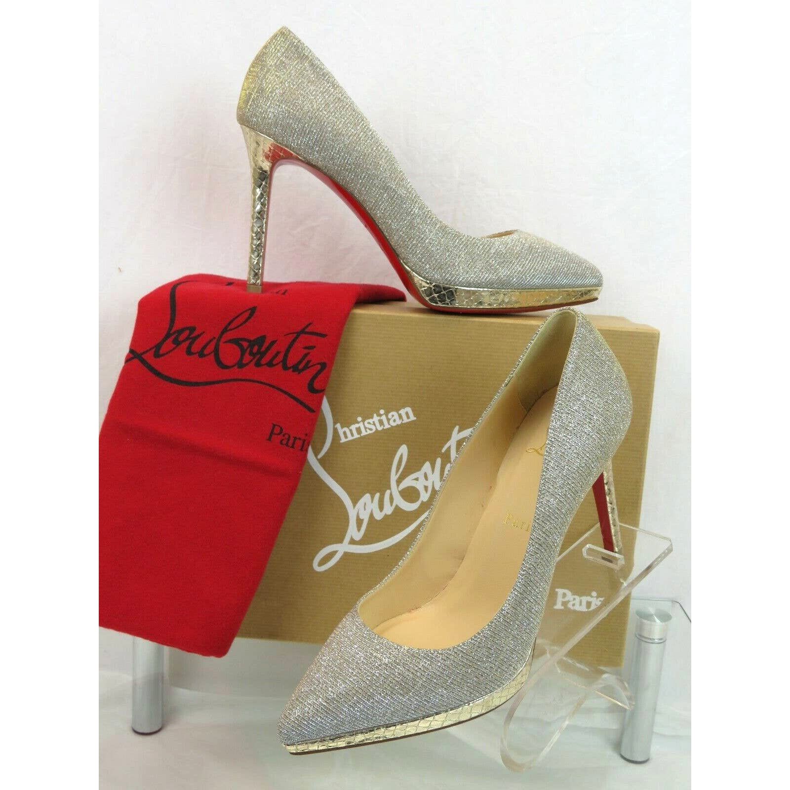 image of Christian Louboutin Pigalle Plato 100 Silver Glitter Gold Snake Leather Pumps 38 Shoes, Women's