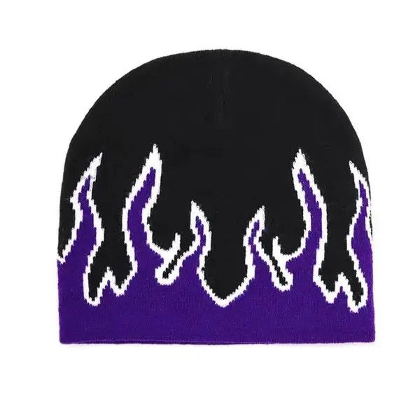 Japanese Brand Fire Flame Graphic Purple Beanie Size ONE SIZE - 2 Thumbnail