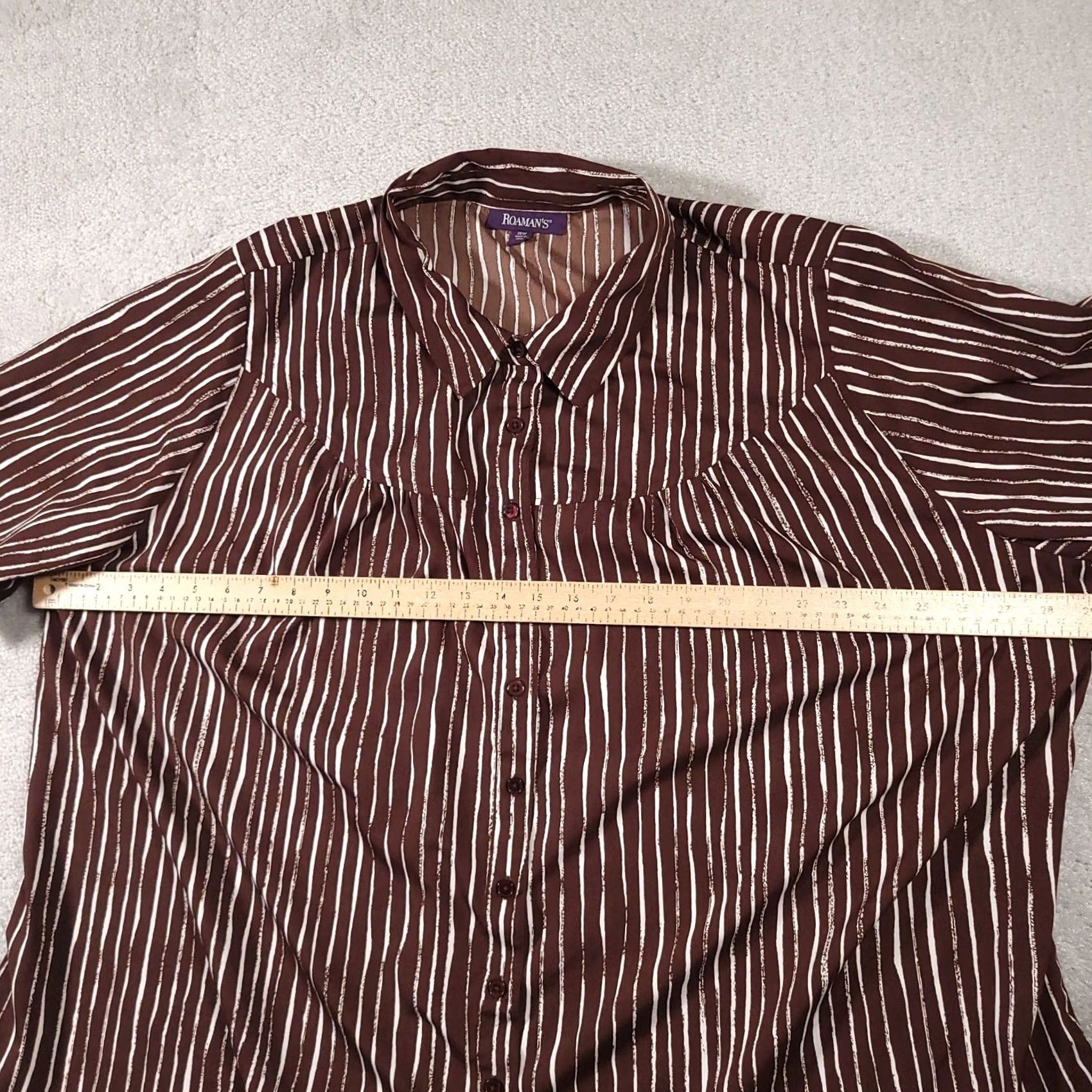 Vintage Roamans Button Up Shirt Women's 26W Brown Striped Short Sleeve Collared Casual Size 4XL / US 24-26 - 6 Thumbnail