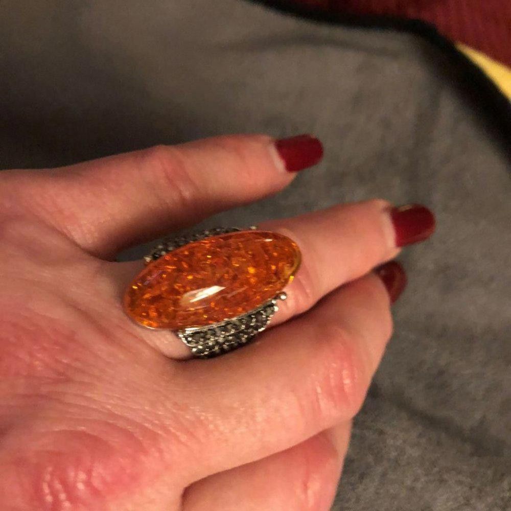 Designer Vintage 32mm Orange Amber Antique Silver Ring - Size 7 Size ONE SIZE - 6 Thumbnail
