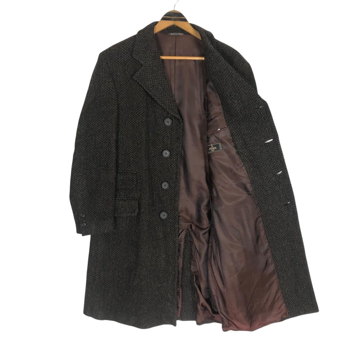 Fendi Vintage 90s Fendi Tweed Herringbone Long Coat Size US M / EU 48-50 / 2 - 11 Thumbnail