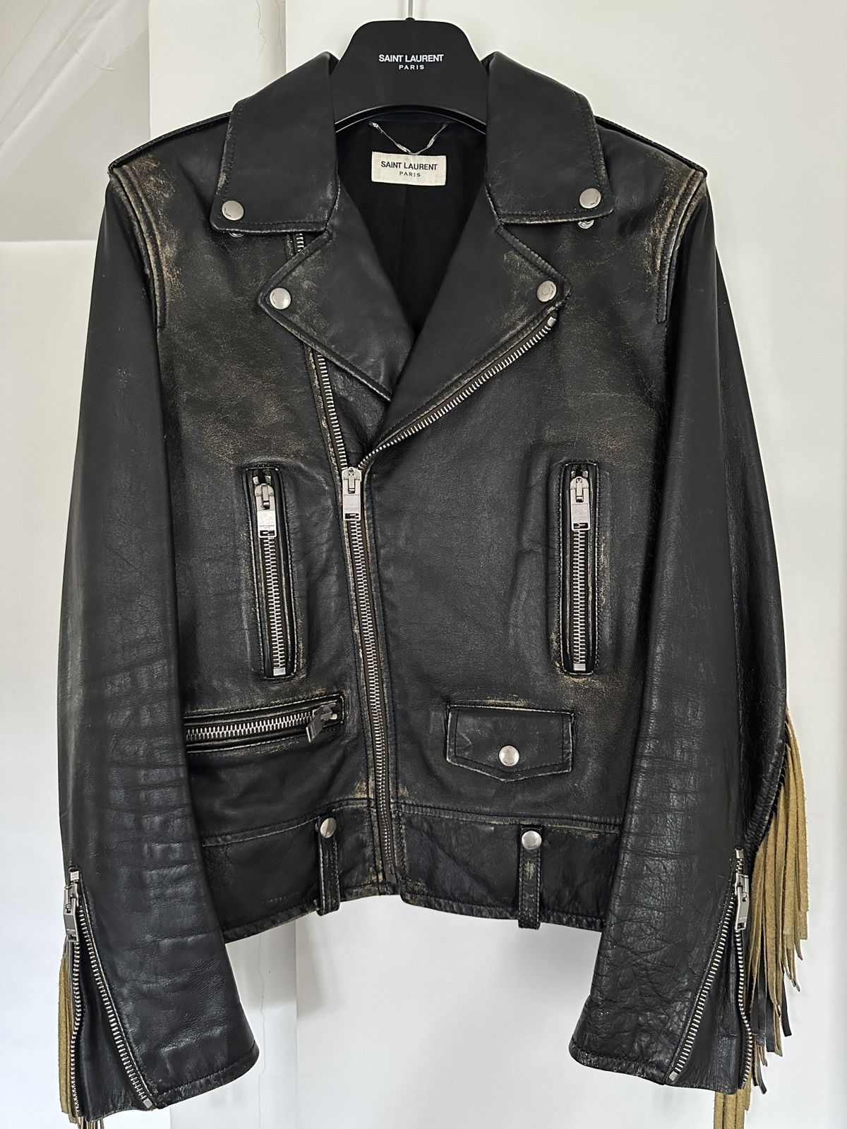 Saint Laurent Paris Saint Laurent by Hedi Slimane fringe biker leather jacket Size US S / EU 44-46 / 1 - 1 Thumbnail