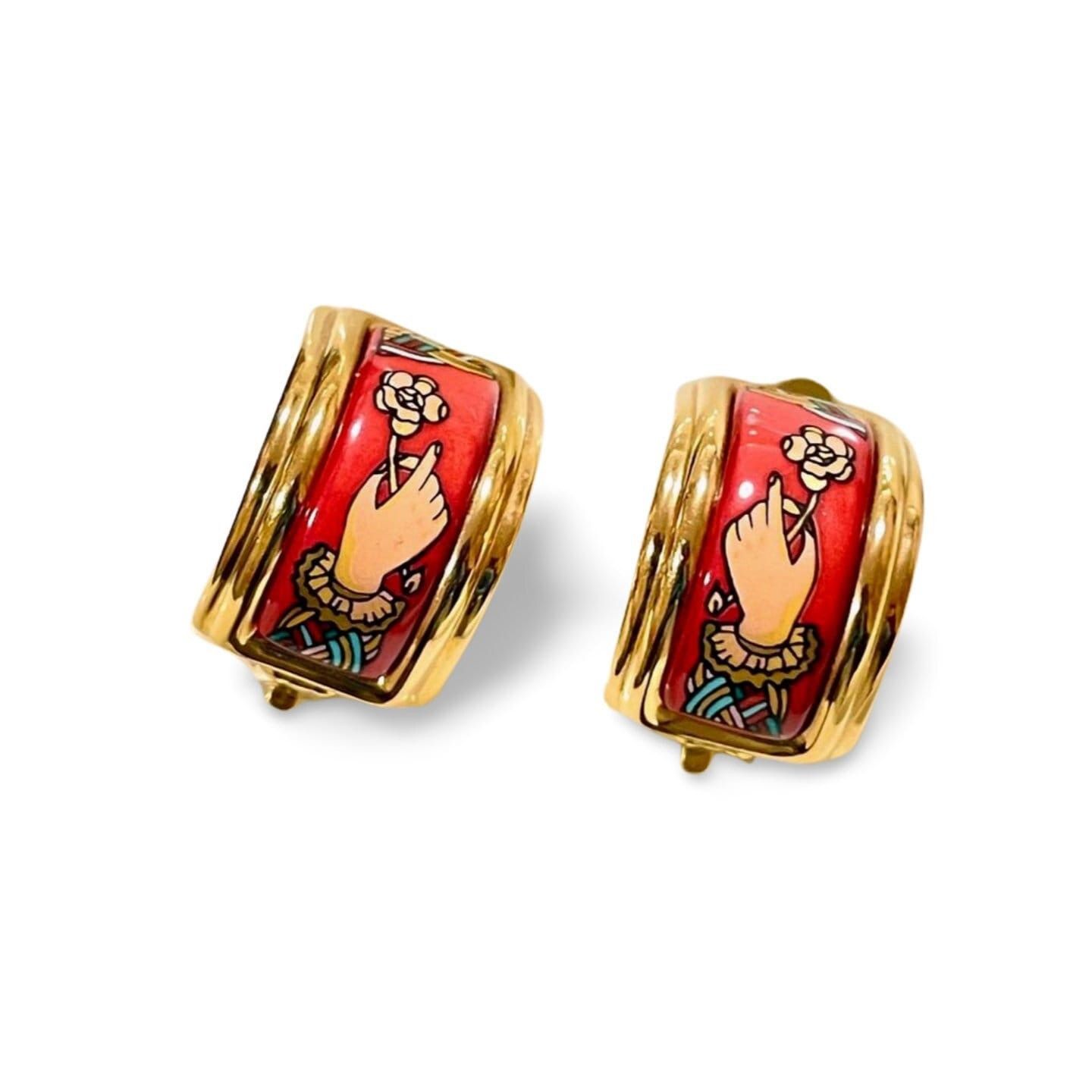 image of Vintage Hermes Golden Cloisonne Enamel Earrings. Hand Flower in Pink, Women's