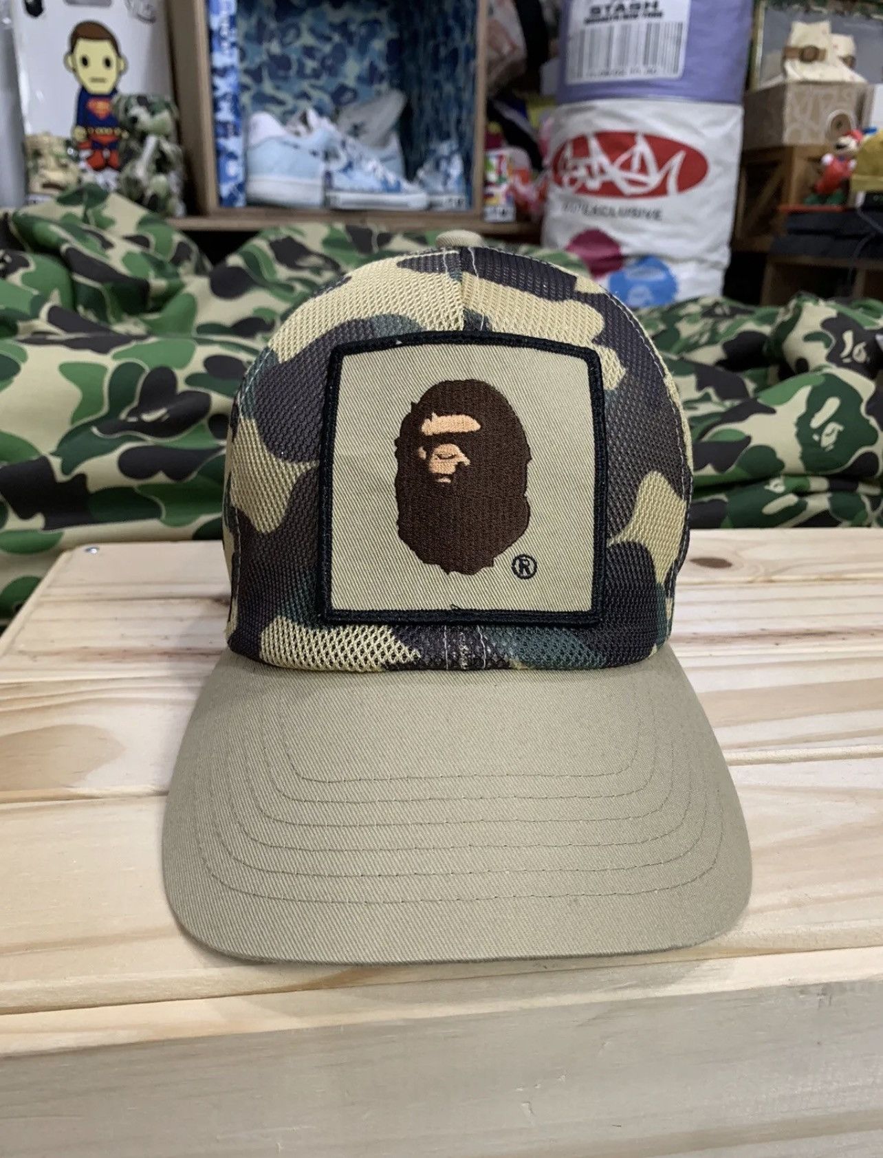 image of Bape x Vintage 00’S A Bathing Ape 1St Yellow Camo Mesh Trucker Hat in Brown, Men's