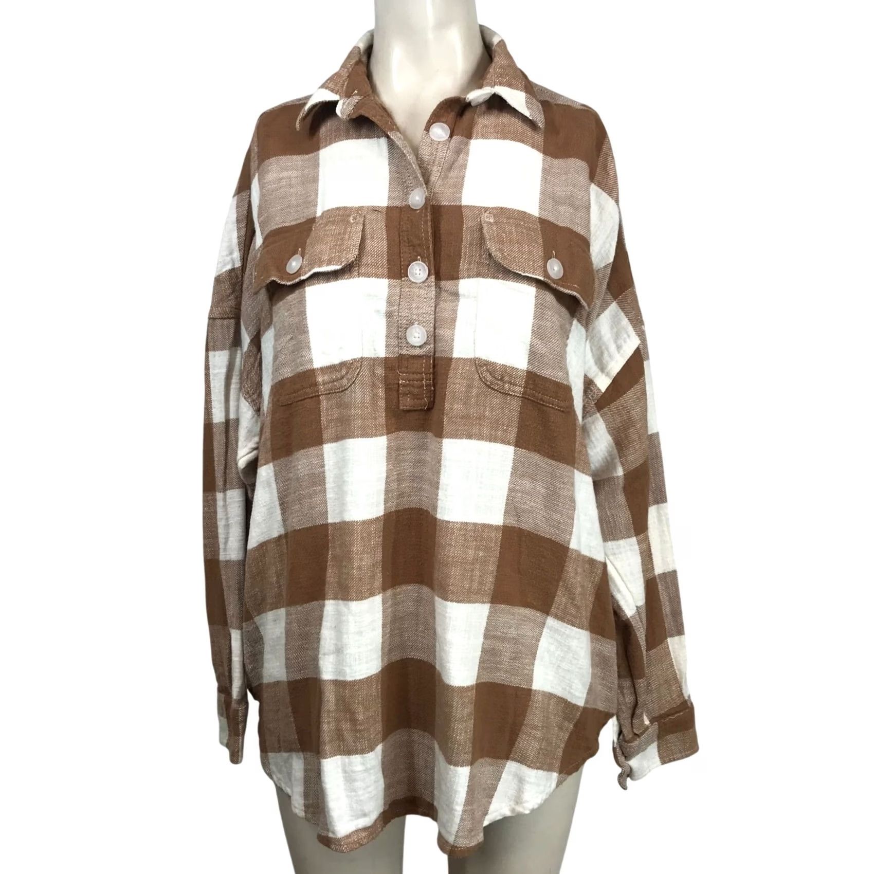 American Eagle Outfitters AMERICAN EAGLE - Womens SMALL - BROWN/WHITE LONG SLEEVE PULLOVER FLANNEL SHIRT Size S / US 4 / IT 40 - 2 Thumbnail