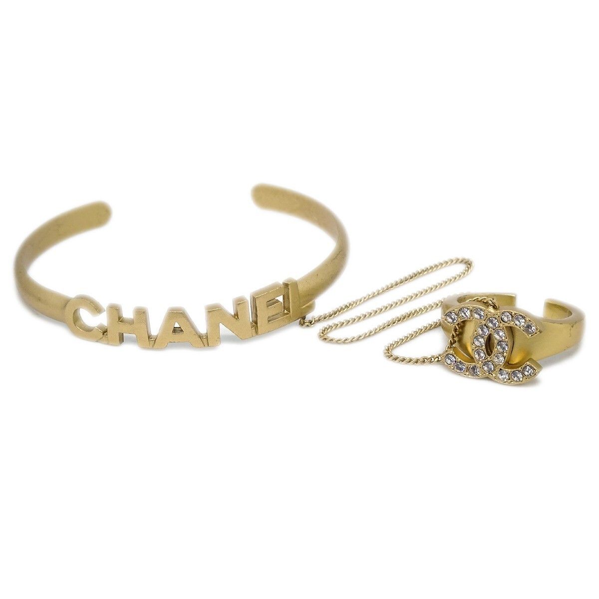 Chanel Chanel Logo Bangle with Chain Attached CC Ring Metal with Crystal Size ONE SIZE - 1 Thumbnail