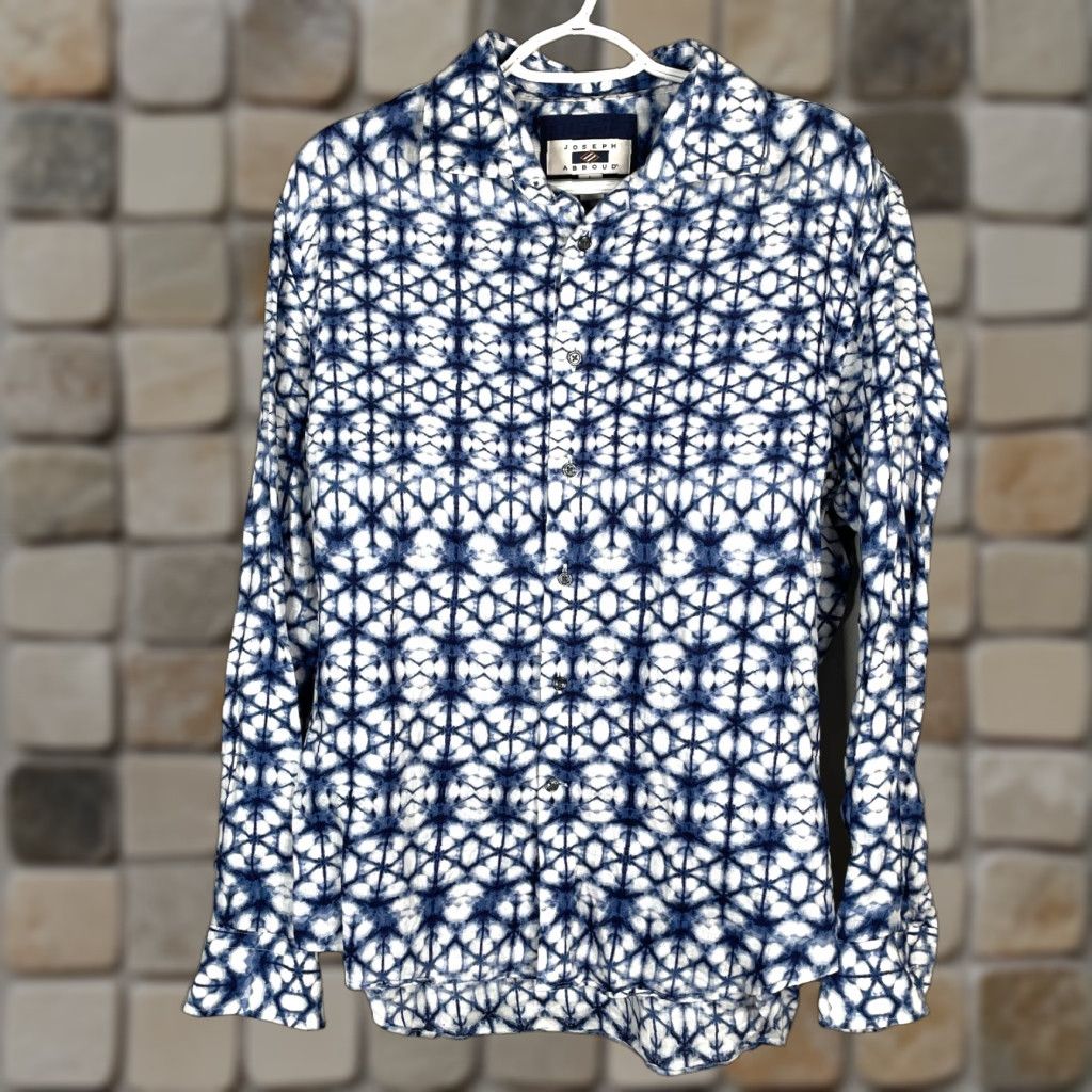 Joseph Abboud Shirt Mens L Blue Geometric 100% Linen Button-Up Long Sleeve Button-Up Shirt