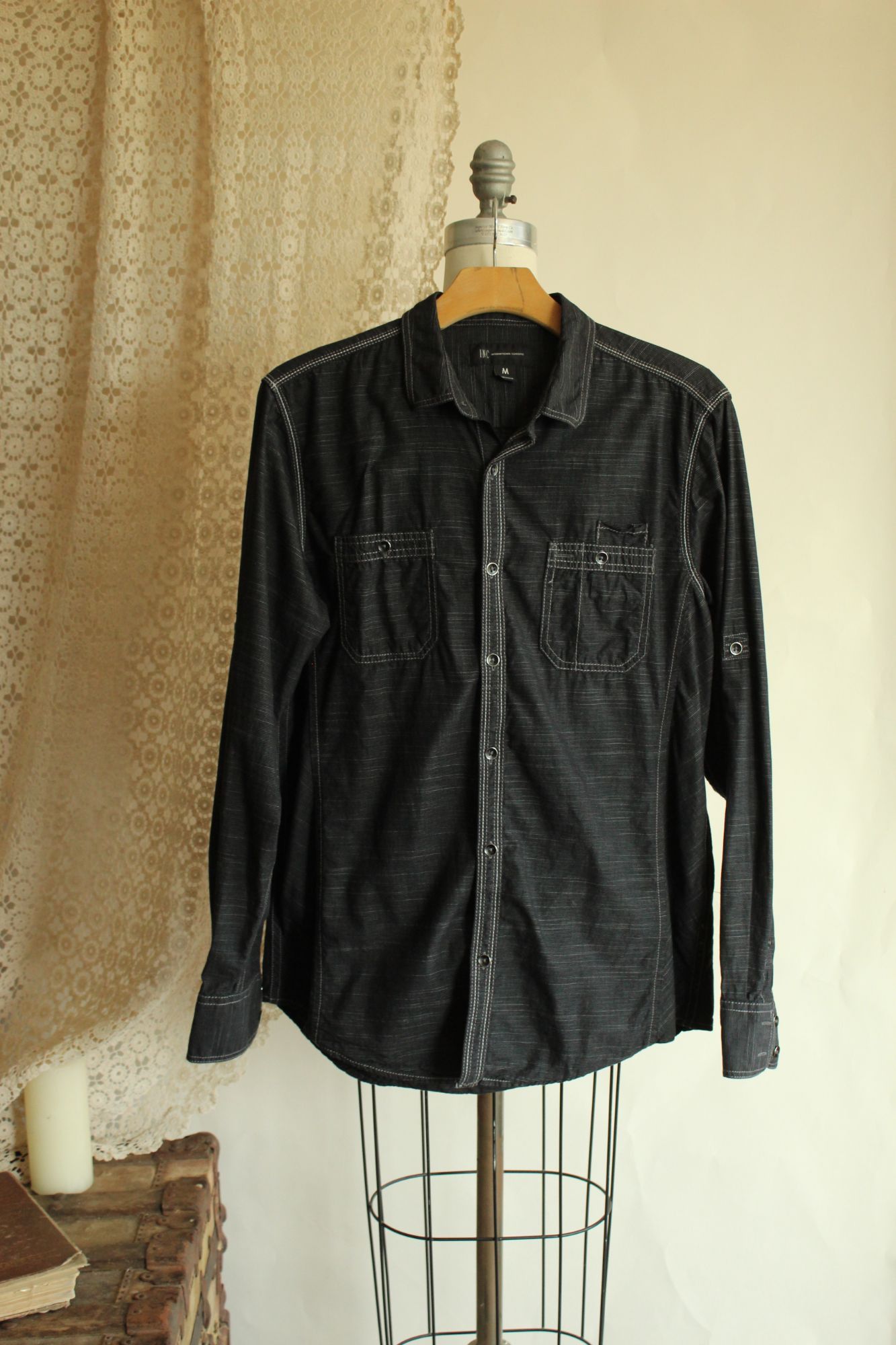 I.N.C INC Men's shirt, Button down, size M, black and gray pinstri Size US M / EU 48-50 / 2 - 2 Thumbnail