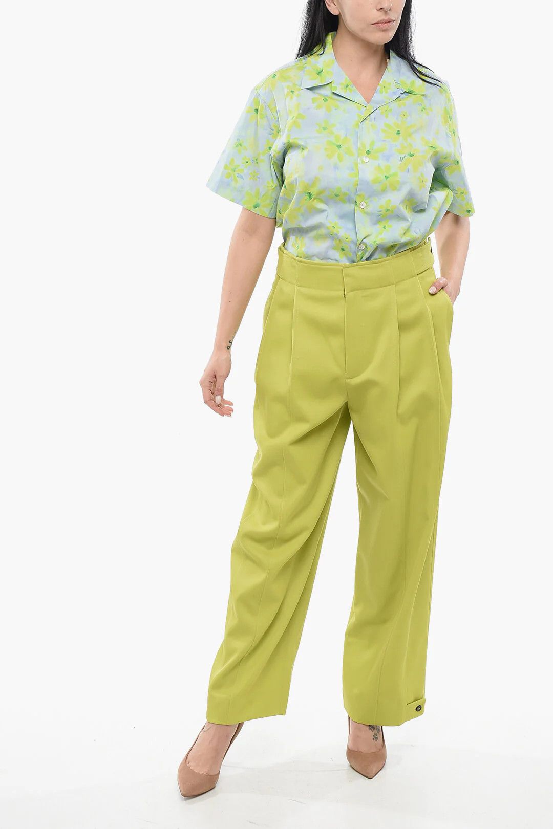 Bottega Veneta og1mm0426 Wool Palazzo Pant in Yellow Size 27" / US 4 / IT 40 - 4 Thumbnail