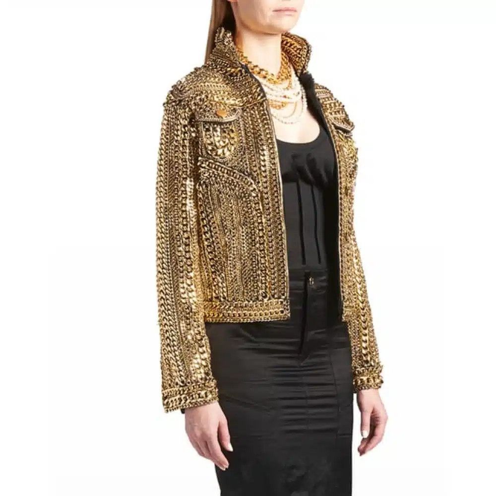 Tom Ford o1loc1c0425 GID064 Chain Embellished Denim Jacket in Gold Size XS / US 0-2 / IT 36-38 - 2 Thumbnail