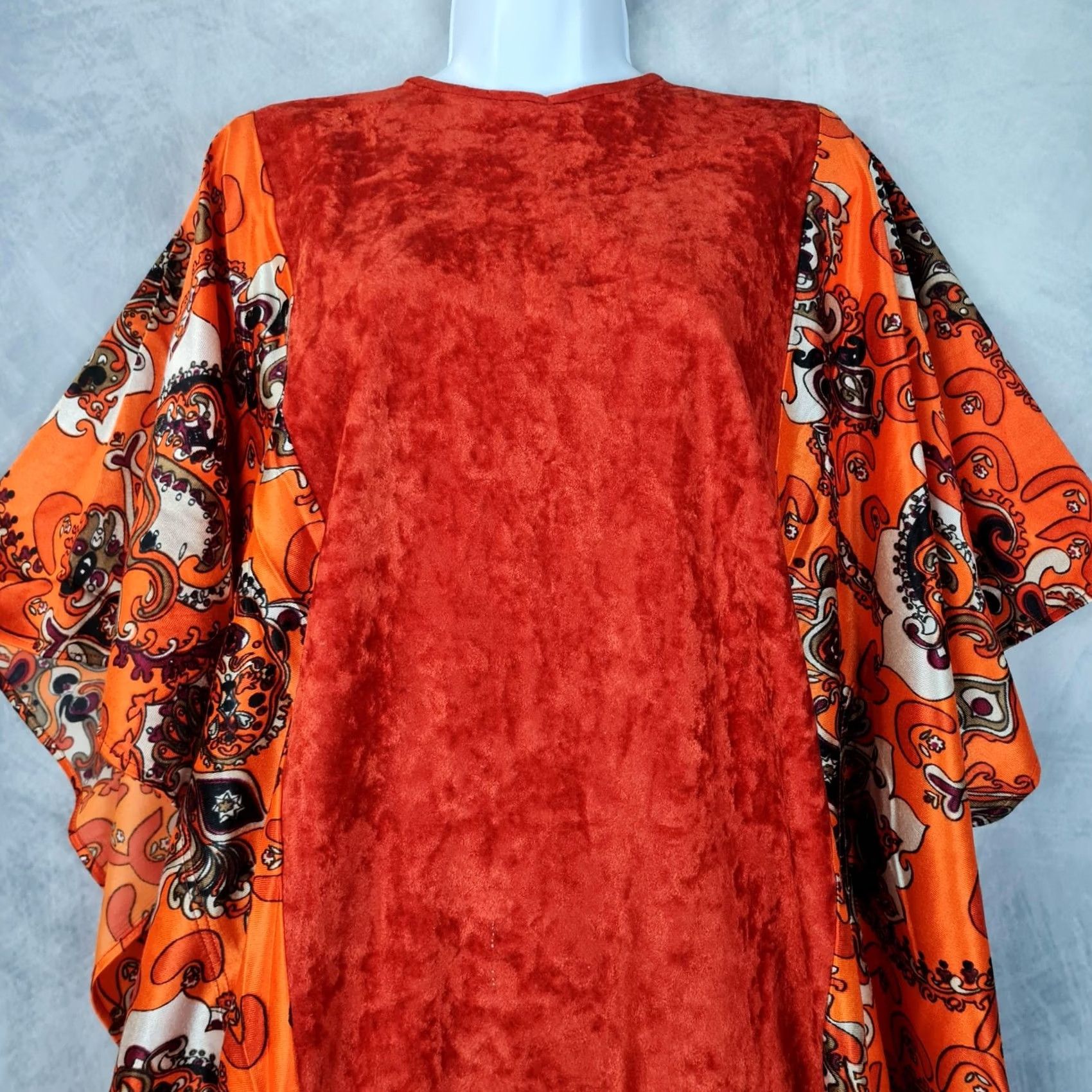 Velvet VINTAGE Maeko's Kaftan Dress Womens One Size Orange Velvet Paisley Maxi 70s Size ONE SIZE - 3 Thumbnail