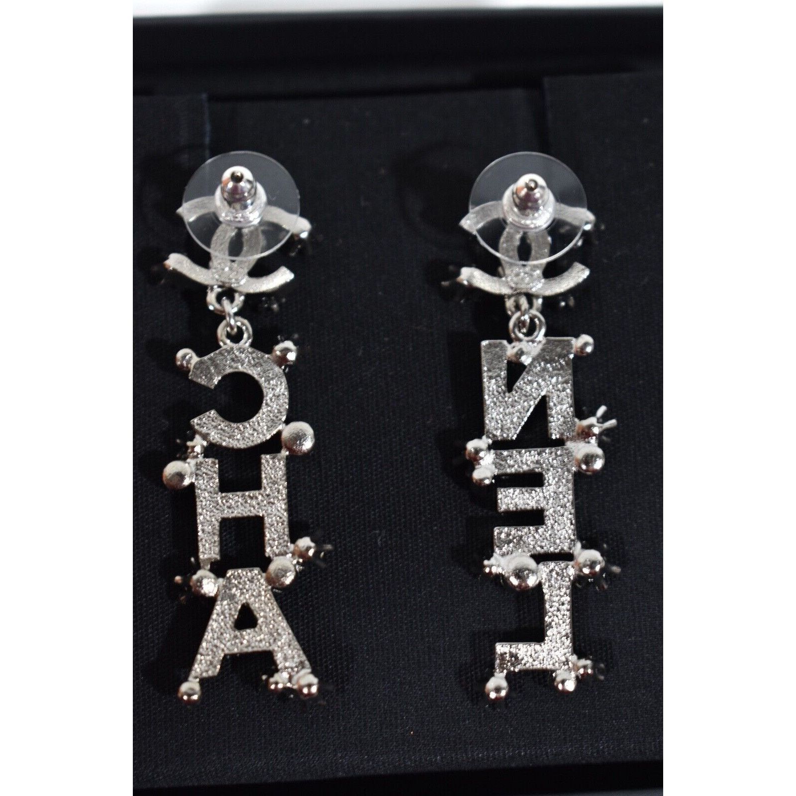 Chanel Chanel Silver Crystal Letter Statement Stud Drop Earrings Size ONE SIZE - 10 Thumbnail
