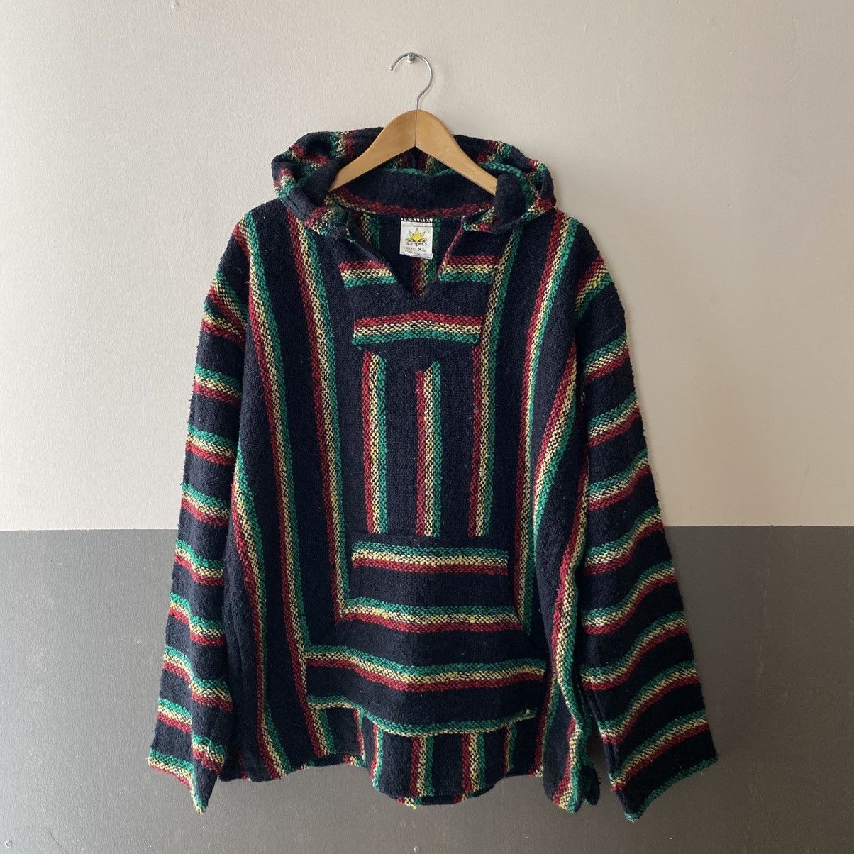 Vintage Black Baja Hoodie with Red, Green & Yellow Stripes Size US XL / EU 56 / 4 - 1 Thumbnail
