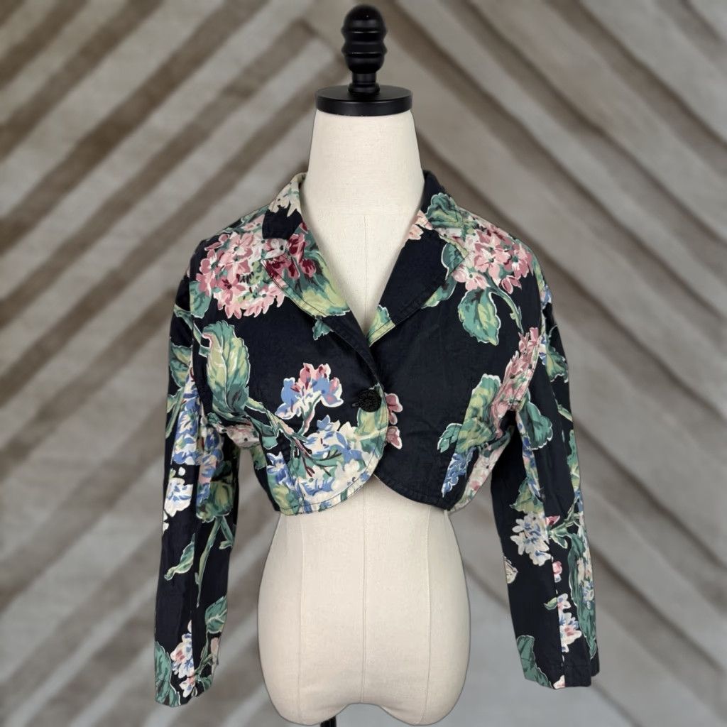VINTAGE Rhonda Harness Jacket Womens Small Cropped 80s Floral Cotton Lightweight 3/4 Sleeve Button Closure