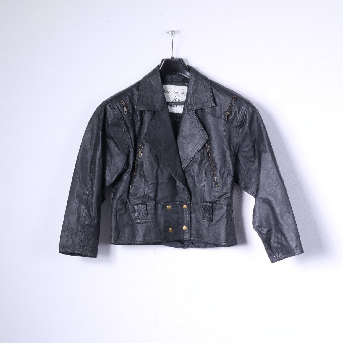 Vintage Miss Joy Women 38 M Jacket Black Leather Biker 0978 Size M / US 6-8 / IT 42-44 - 2 Thumbnail