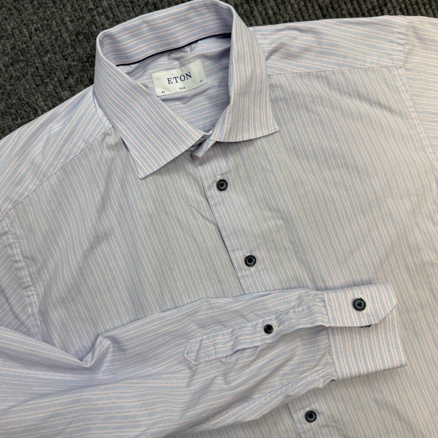 Eton ETON Shirt Mens 17 Slim Blue Striped Poplin Cotton Dress Spread Collar Long Sleeve Button Up Regular Fit Size 46R - 2 Thumbnail
