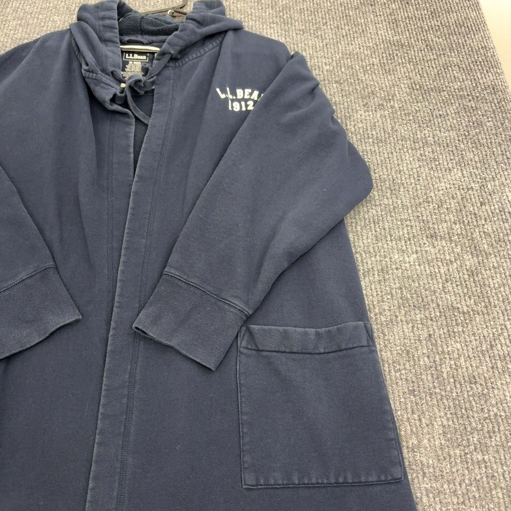 Vintage L.L. Bean Robe Womens M Navy Blue Cotton Blend Fleece Hooded Open Front Loungewear Size ONE SIZE - 6 Thumbnail