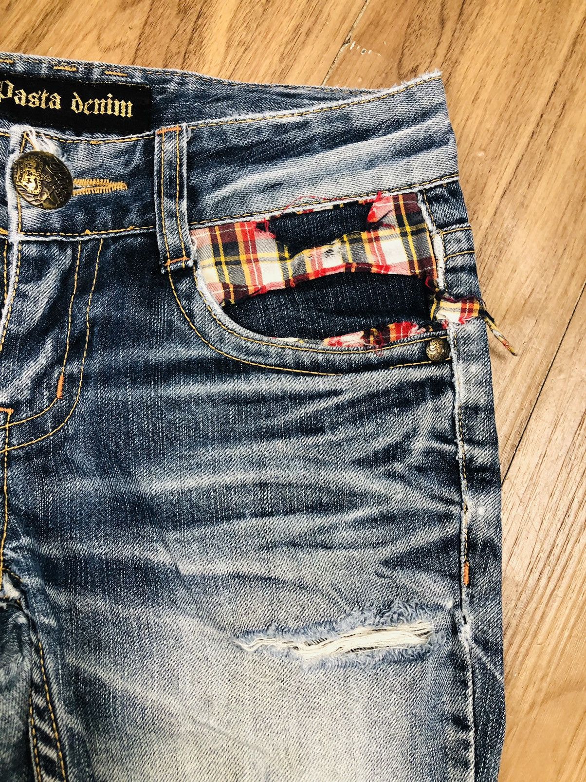 If Six Was Nine Pasta Denim Bootcut Distressed Jeans Plaid Patches (40) Size 26" / US 2 / IT 38 - 9 Thumbnail
