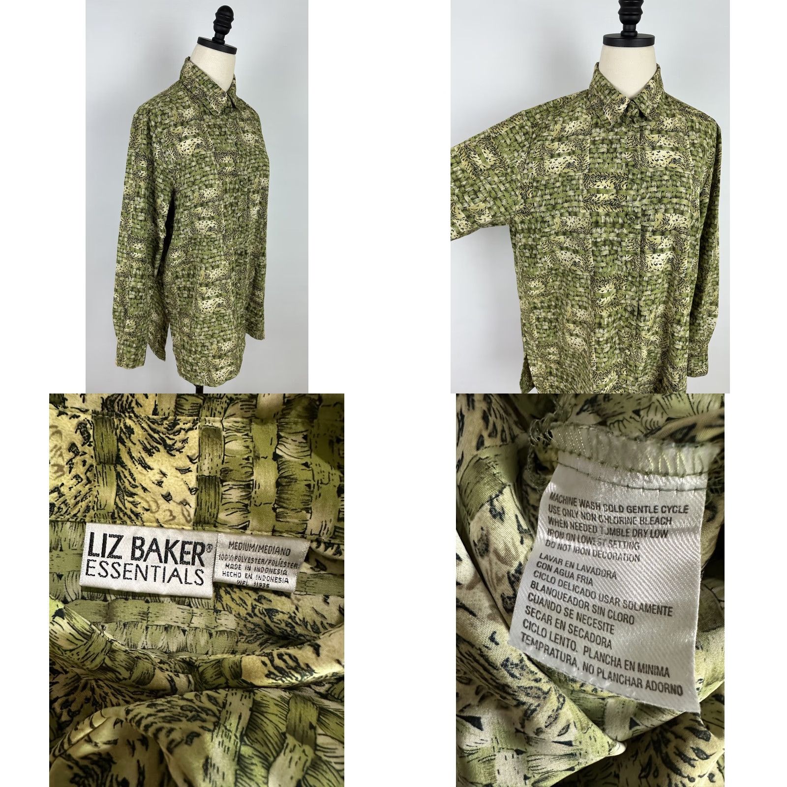 Vintage VINTAGE Liz Baker Blouse Boxy Long Sleeve Collared 90s Leopard Animal Print Green Medium Womens Size M / US 6-8 / IT 42-44 - 8 Thumbnail