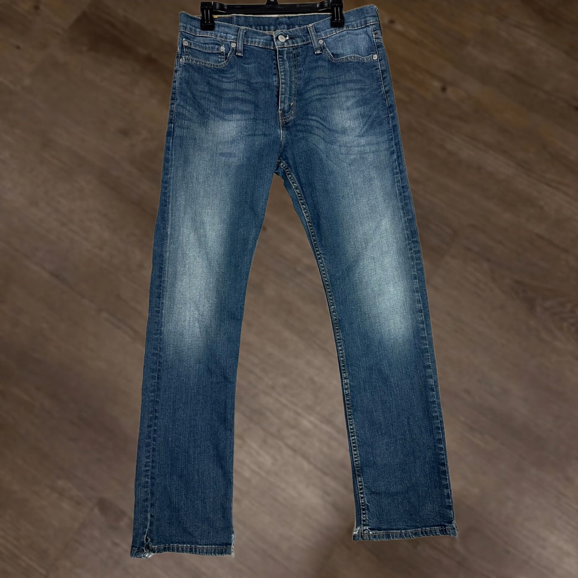 Levi's Levis 513 Slim Straight Jeans Mens 33x32 Medium Wash Blue Raw Hem Split Hem Distressed Pocket Five-Pocket Slip Zip Button Size US 33 - 1 Thumbnail