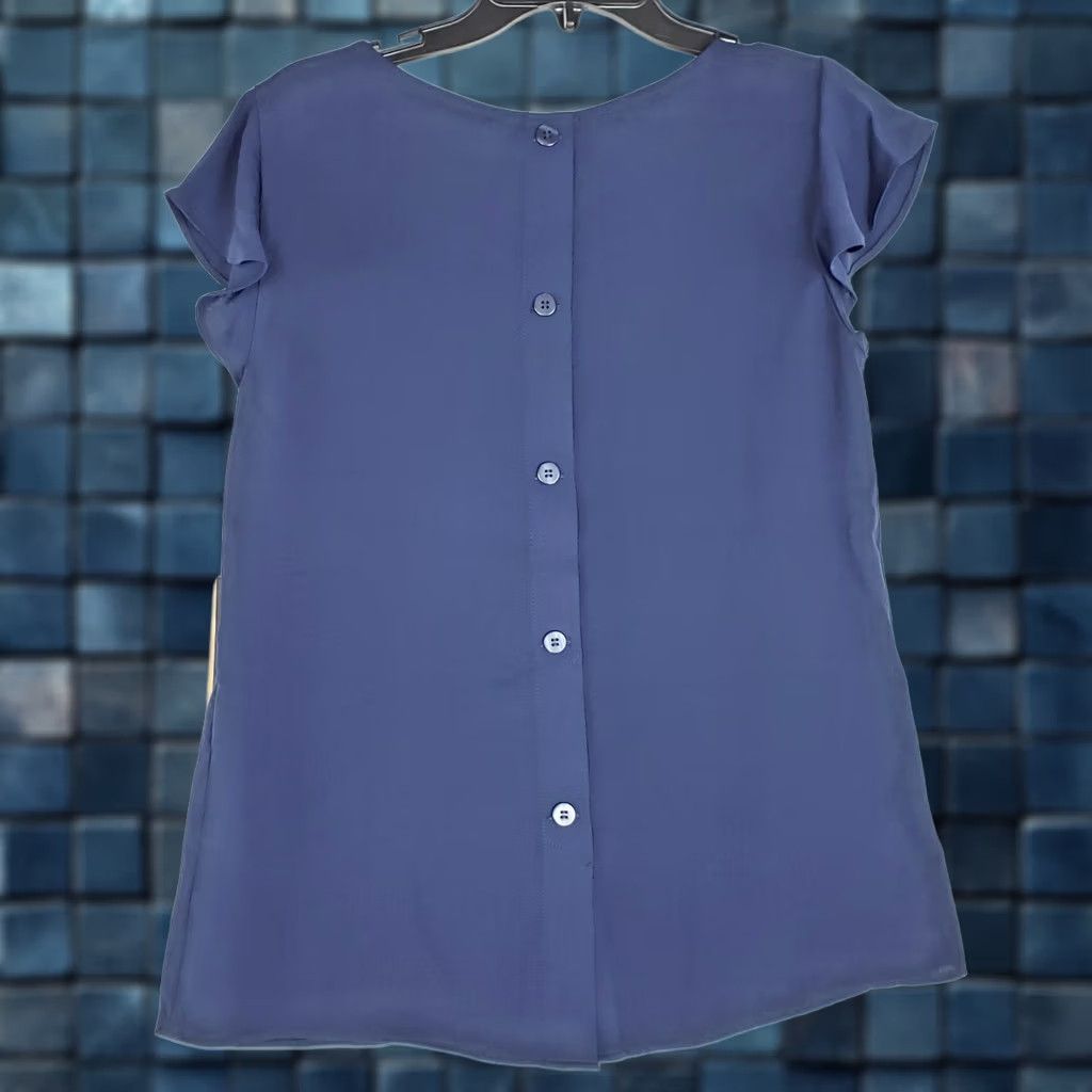 Vintage HALOGEN NAVY BLUE Button on Back Ruffle Sleeve Top Sz S NEW Women Shirt Short Sleeve Square Neck Regular FIT Size S / US 4 / IT 40 - 1 Thumbnail
