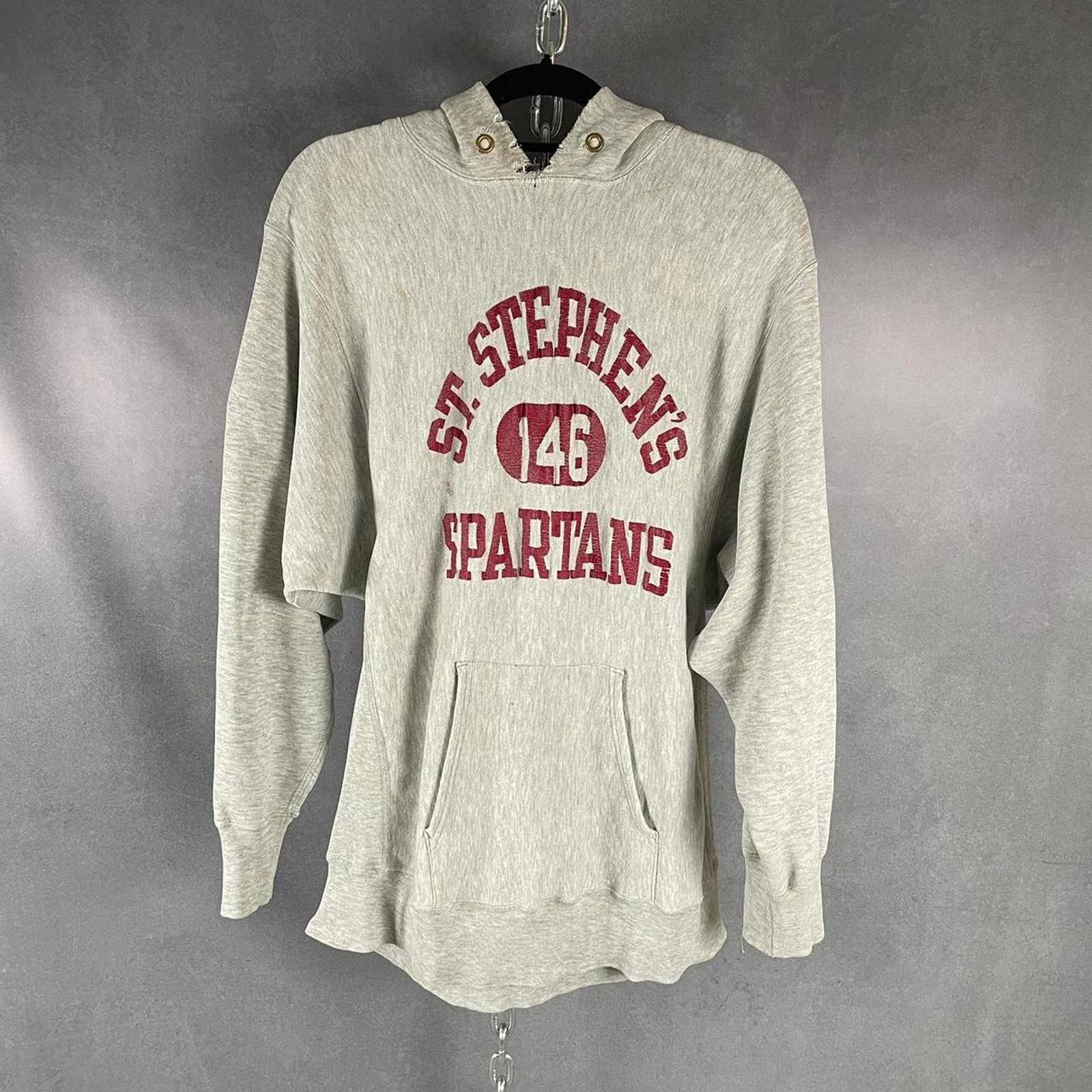 image of Vintage 80's Champion Gray Hoodie St Stevens Spartans Reverse in Grey, Men's (Size XL)