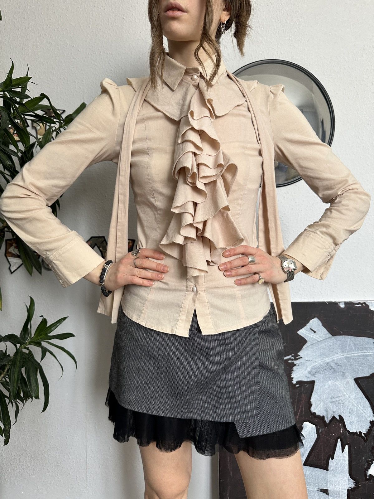 Vintage Ruffle Crinkle Blouse Voluminous Victorian Inspired Sheath Size S / US 4 / IT 40 - 2 Thumbnail