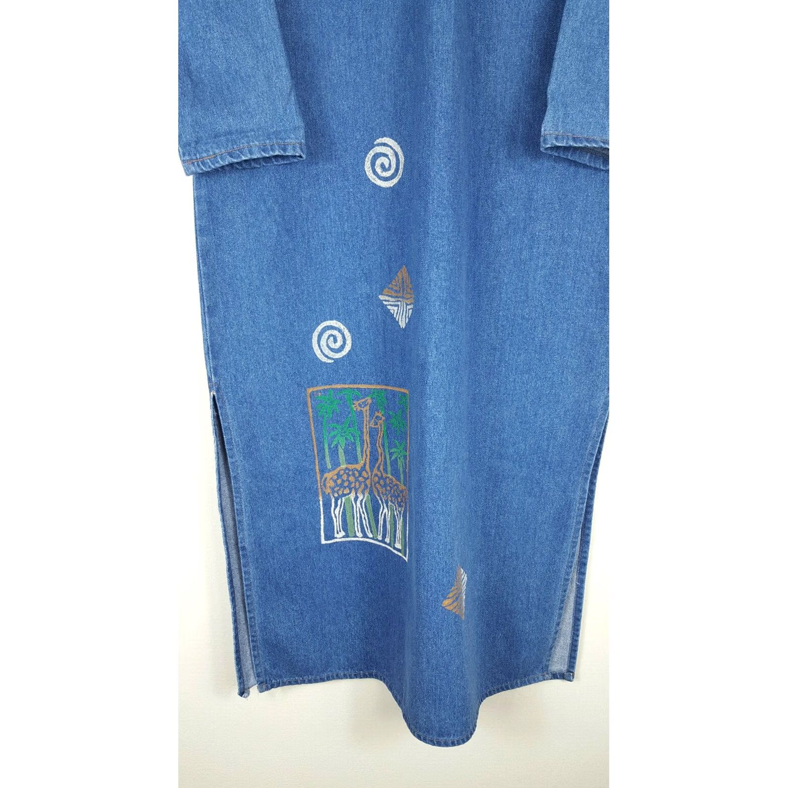 Folk VINTAGE Art Denim Long Sleeve Dress Womens L USA Made Blue 51 in Collared Button Retro Tribal Folk Art Casual Size L / US 10 / IT 46 - 3 Thumbnail