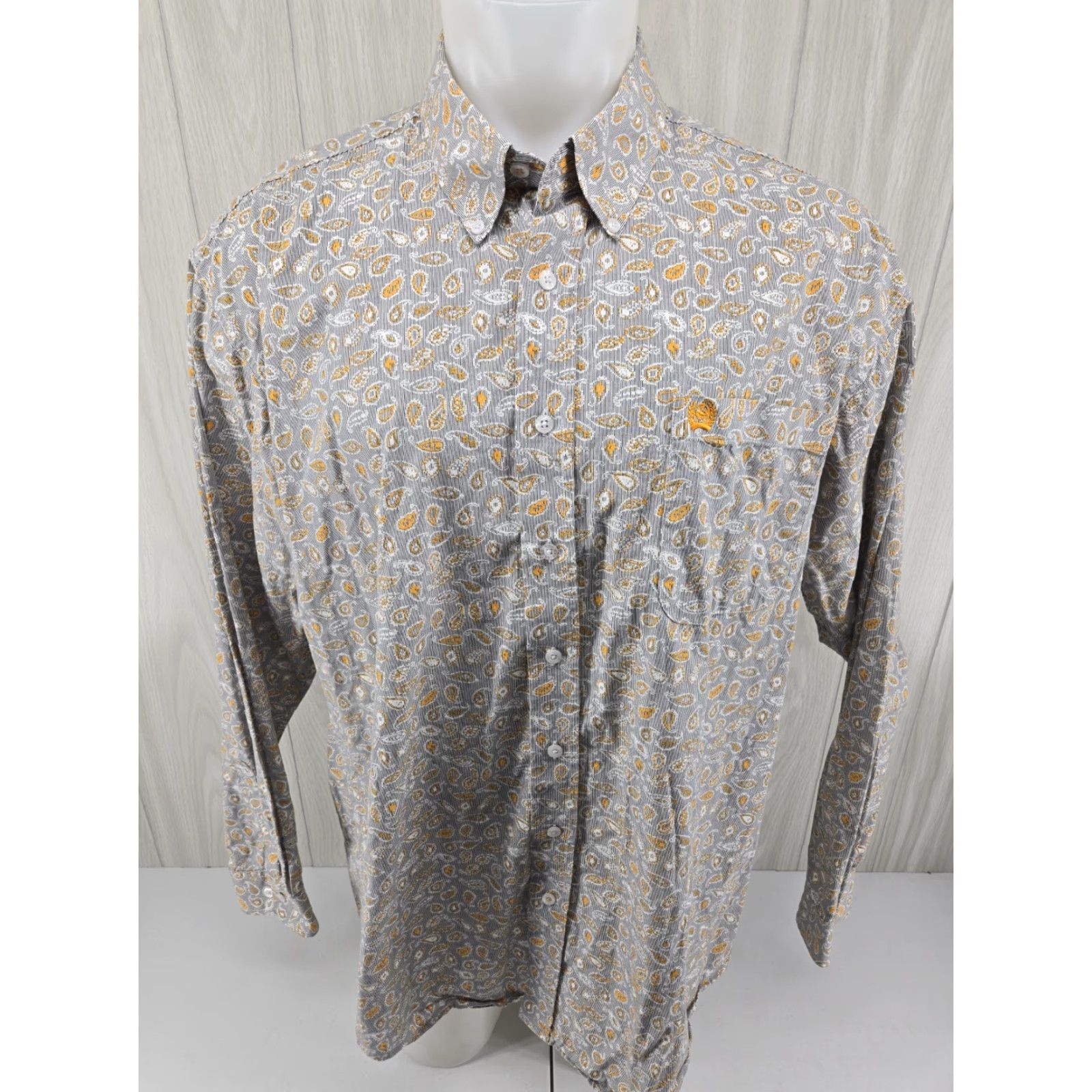 Vintage Cinch Long Sleeve Button Up Shirt Mens XL Gray Orange 100% Cotton Geometric Pattern Button-Down Collar Pockets Size US XL / EU 56 / 4 - 3 Thumbnail