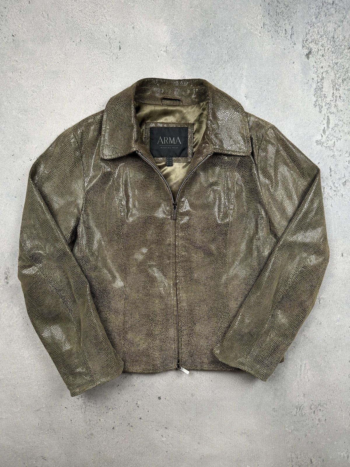 ARMA Arma Womens Croc Embossed Leather Jacket Olive Green Zip 90s Size M / US 6-8 / IT 42-44 - 1 Thumbnail