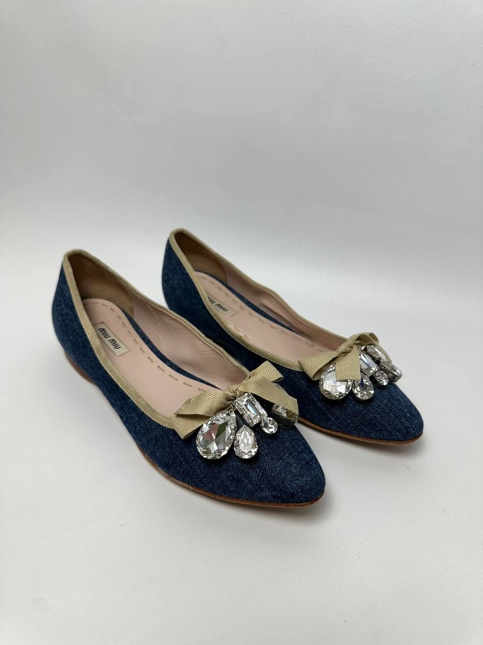 Miu Miu Blue Denim Cutie Ballet Crystal Embellished Bow