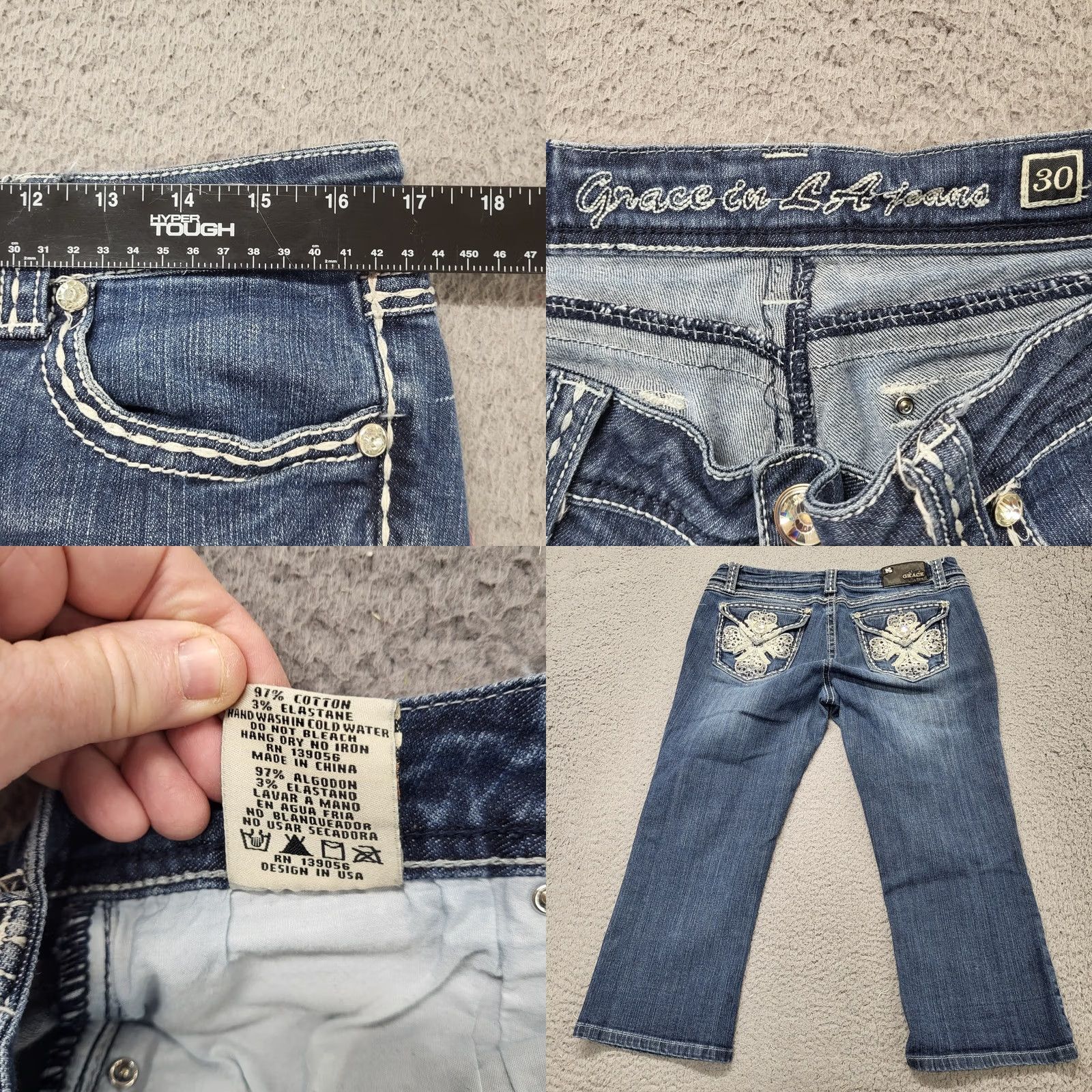 Grace in LA Grace In LA Capri Women's Size 13/30 Blue Jeans Rhinestone Embroidered Cross EUC Jeans Size 34" / US 12 / IT 48 - 8 Thumbnail