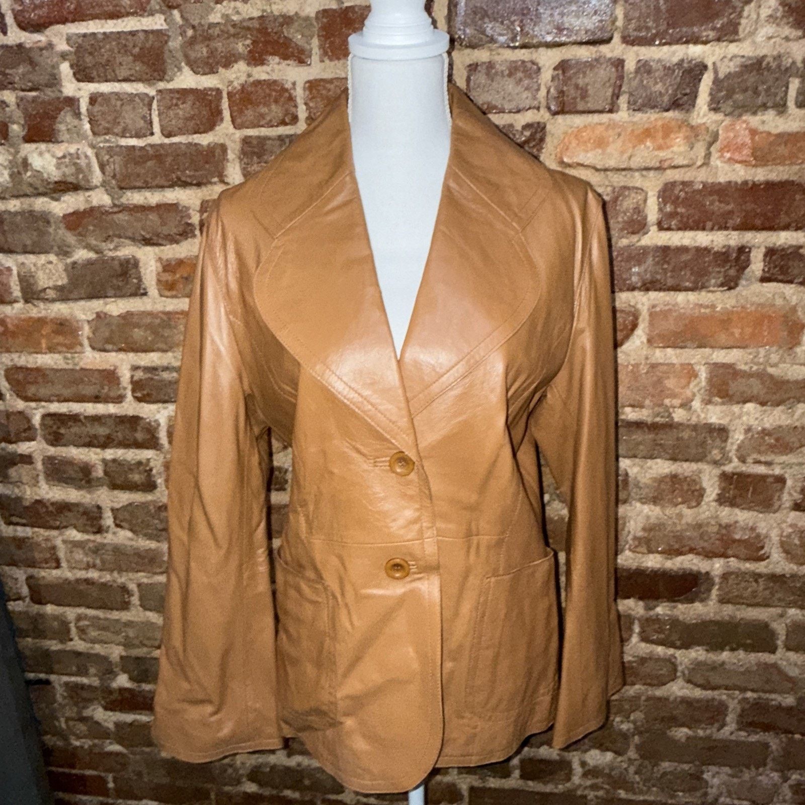 & Other Stories OLLY London Women Real Leather Tan Blazer Jacket Sz 10 Size L / US 10 / IT 46 - 2 Thumbnail