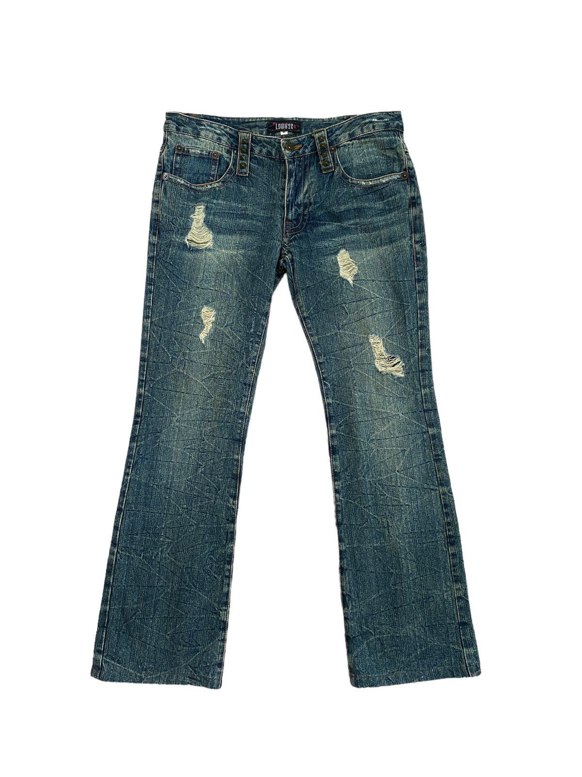 image of Vintage Flared Lowbox Distressed Stud Clawmark Bootcut Denim in Blue, Men's (Size 30)