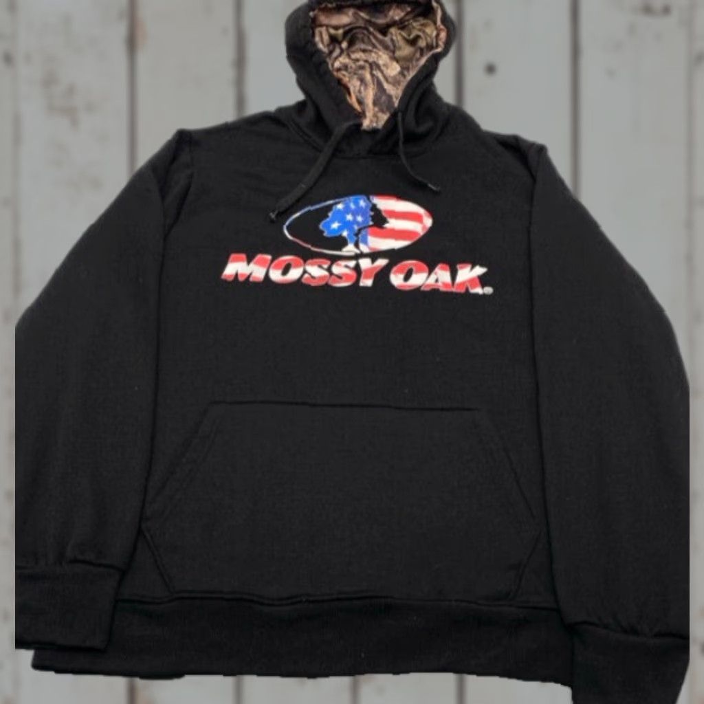 Vintage Mossy Oak Mens Large Hoodie Black USA Red White & Blue Flag Logo 3789 Size US L / EU 52-54 / 3 - 1 Thumbnail