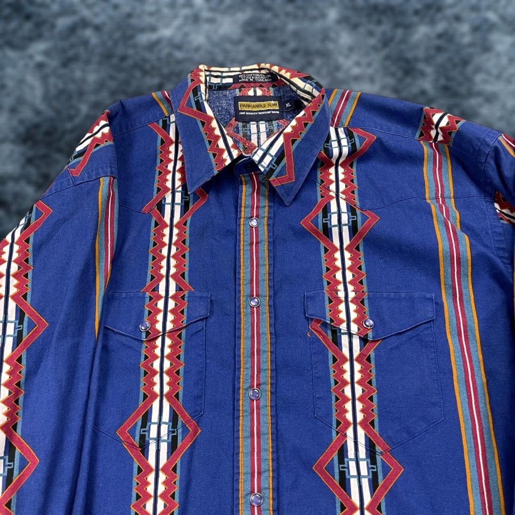 Vintage VINTAGE Panhandle Slim Shirt Mens XL Blue Aztec Geometric Western Snap Ranch Cotton 90s Size US XL / EU 56 / 4 - 1 Thumbnail
