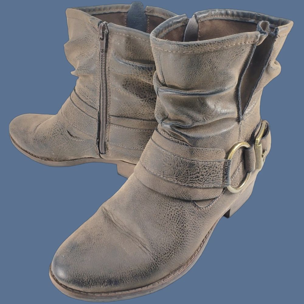Vintage Crown Vintage Beauty Harness Slouch Boots Distressed Brown Women's Size 7.5M Side Zip Buckle Harness Mid-Calf Boots Size US 8 / IT 38 - 1 Thumbnail