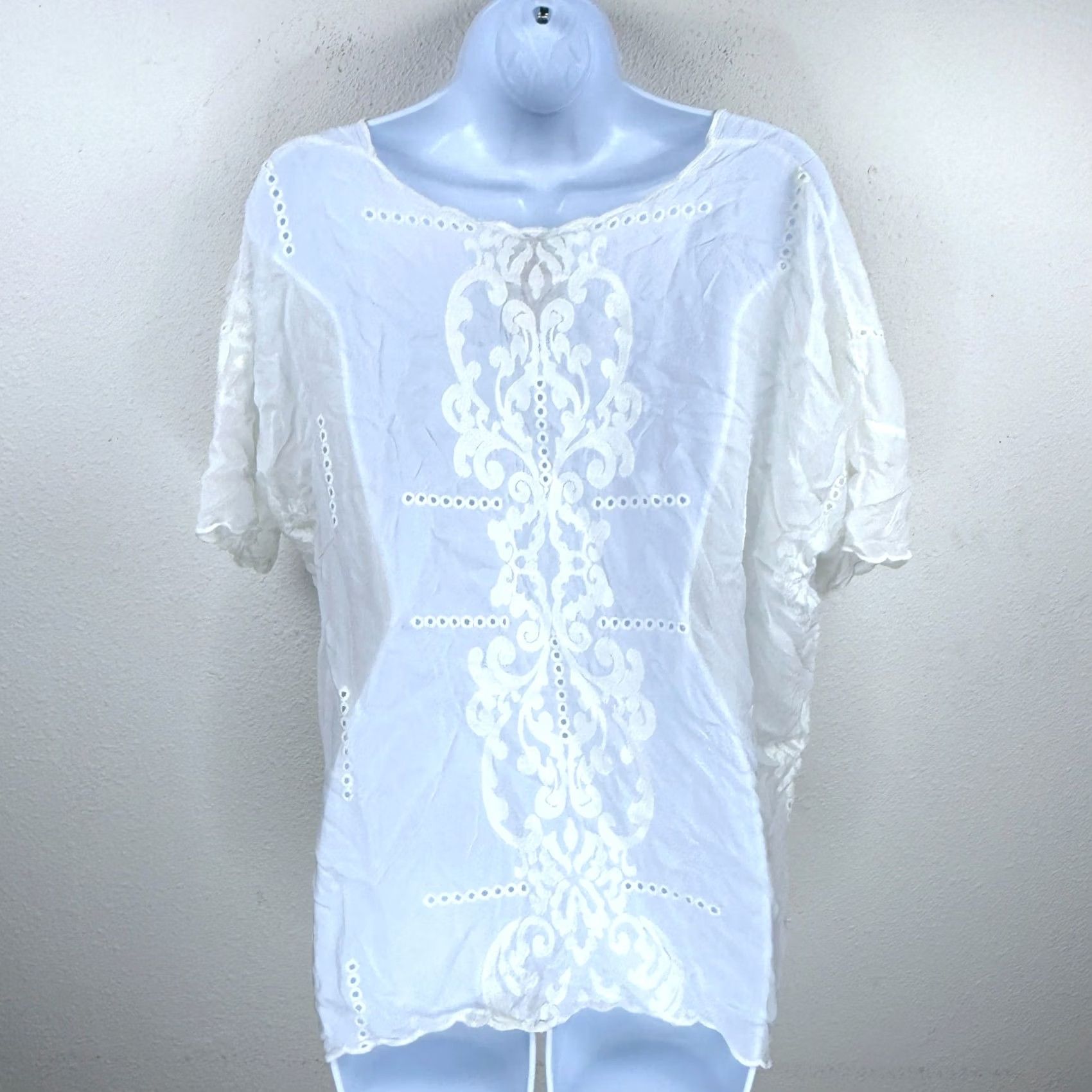 Johnny Was VINTAGE Johnny Was Blouse XS Eyelet Peasant Cupro Short Sleeve Boho White Women's XS Eyelet Embroidered Bohemian Festival 90s Size XS / US 0-2 / IT 36-38 - 7 Thumbnail