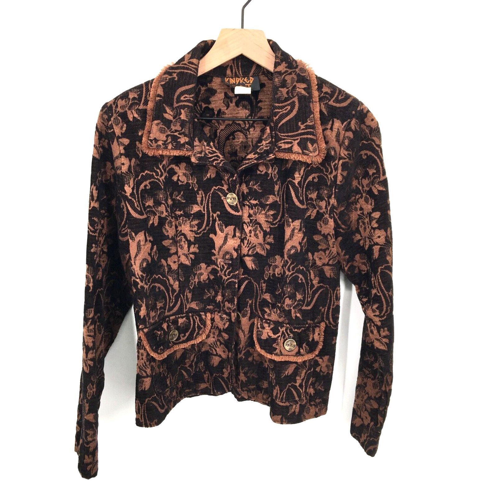 image of Vintagekindred Spirit Jacquard Blazer Collar Black Brown Floral Boho Art S Women in White (Size Sma
