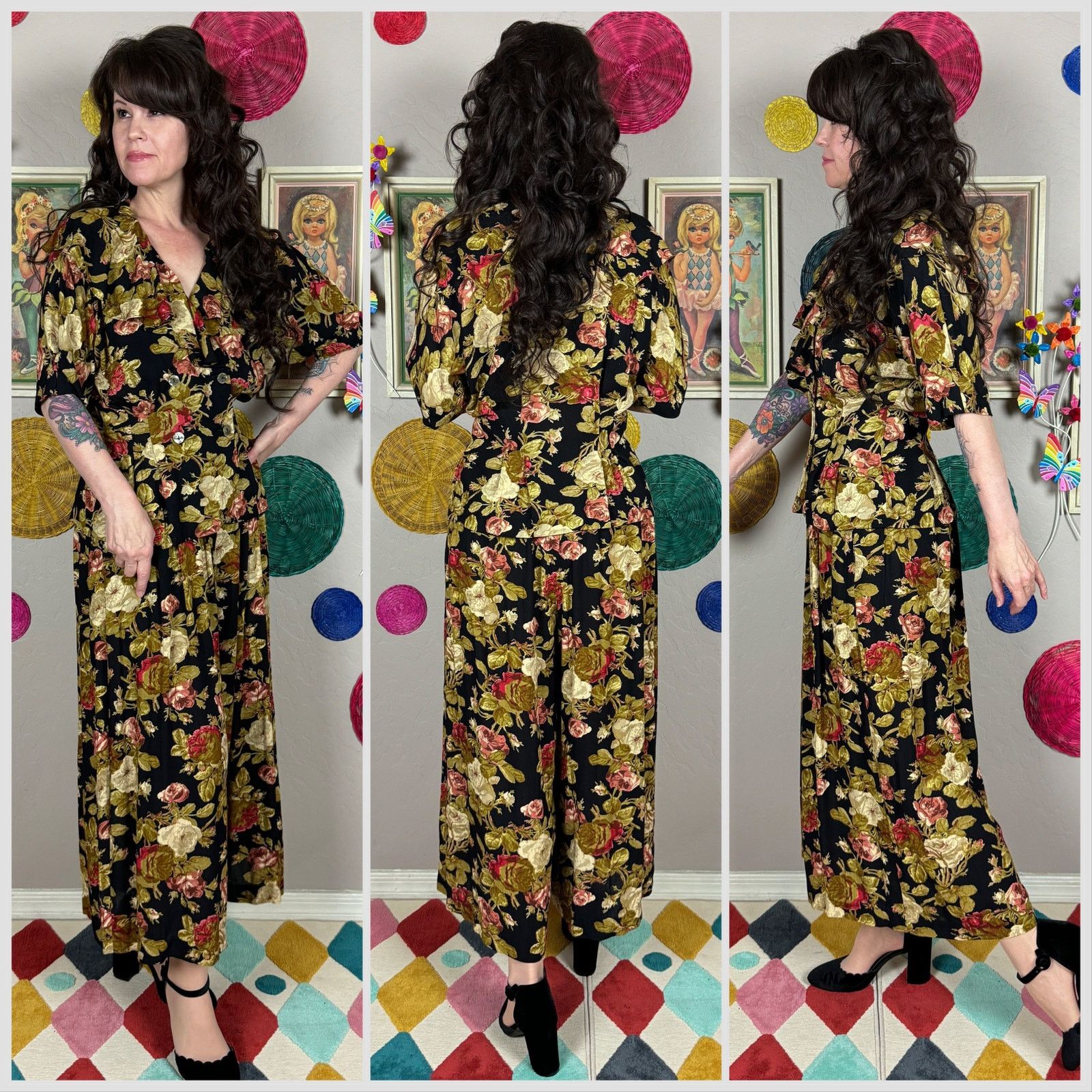 Vintage 1980s Floral 2-Piece Set Ruffle Top & Wide Leg Palazzo Pants Size 27" / US 4 / IT 40 - 2 Thumbnail