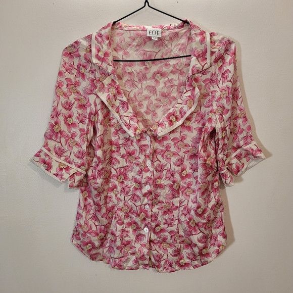 Isabelle Elie Silk Floral Short Sleeve Button Up Blouse - S
