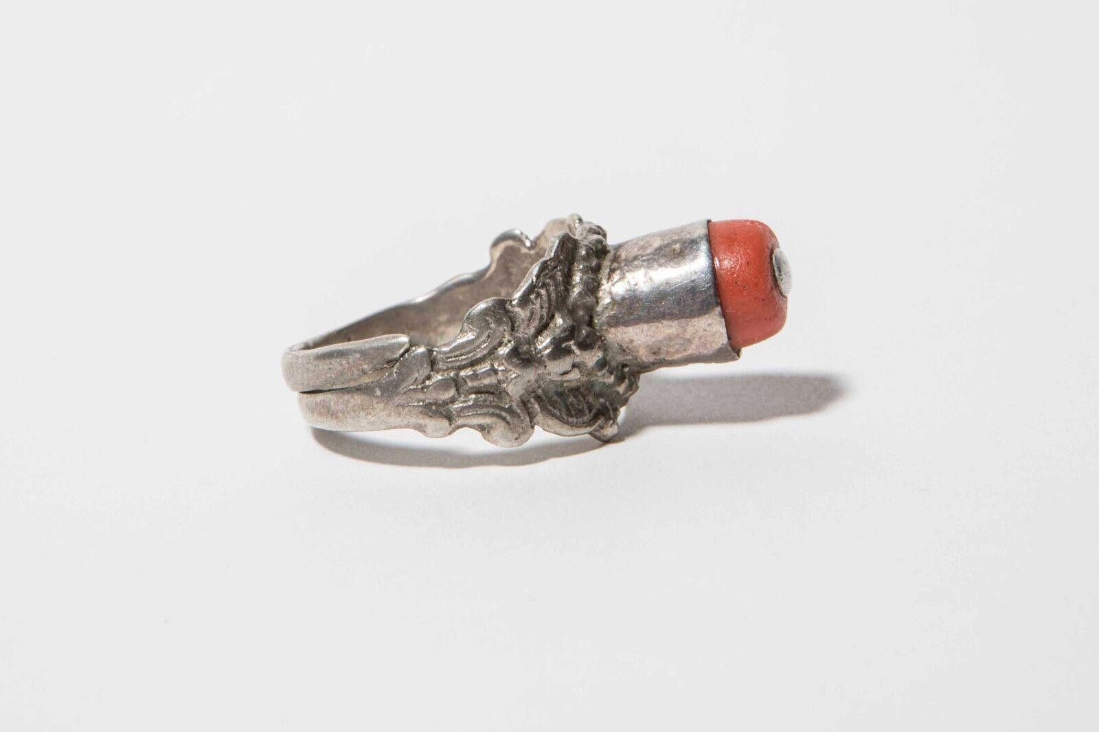 Handmade Sterling Silver Handmade Chinese Red Coral Bead Ring Size ONE SIZE - 2 Thumbnail