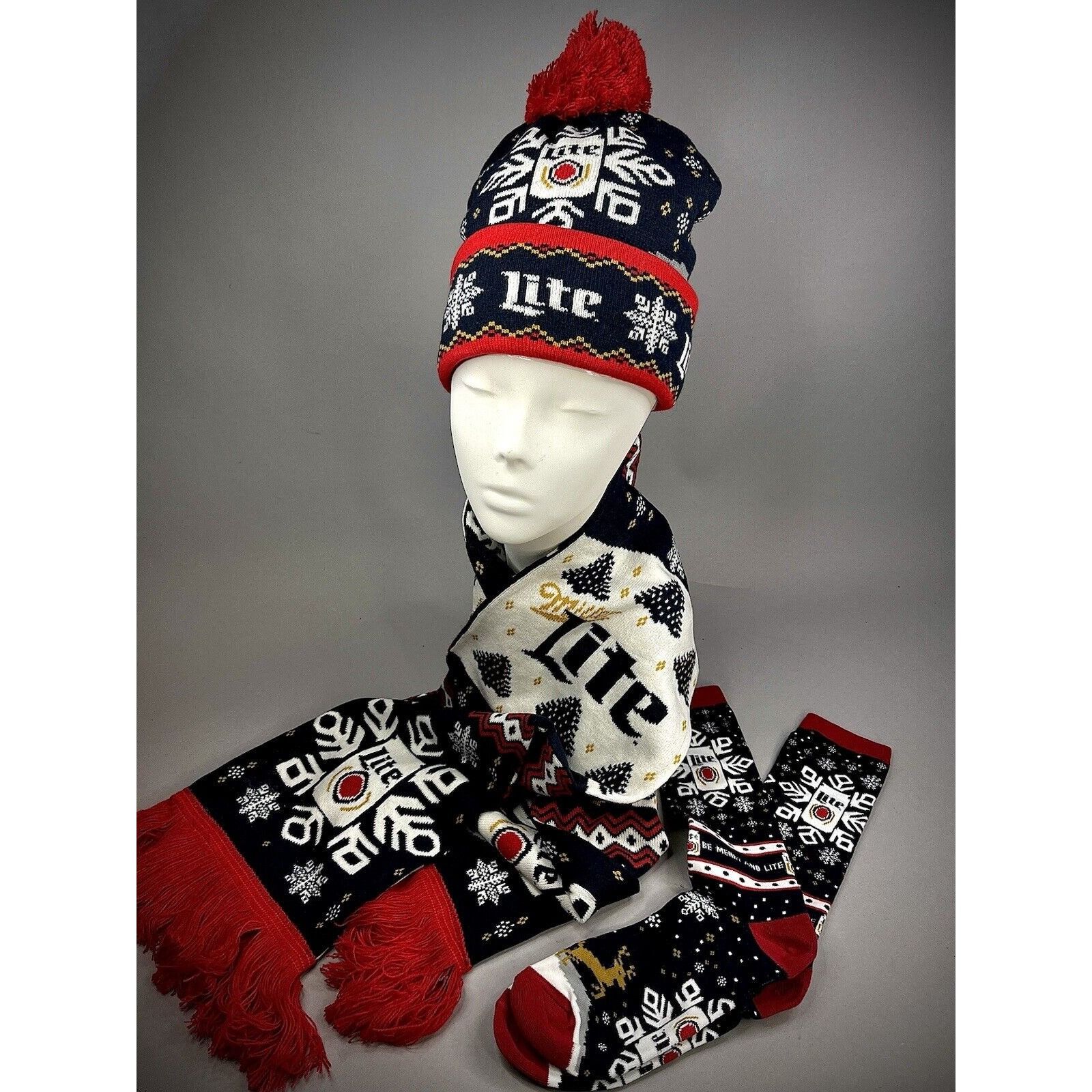 Other Miller Light Beer Knit Holiday Scarf Hat & Socks Ugly Christ Size ONE SIZE - 1 Thumbnail